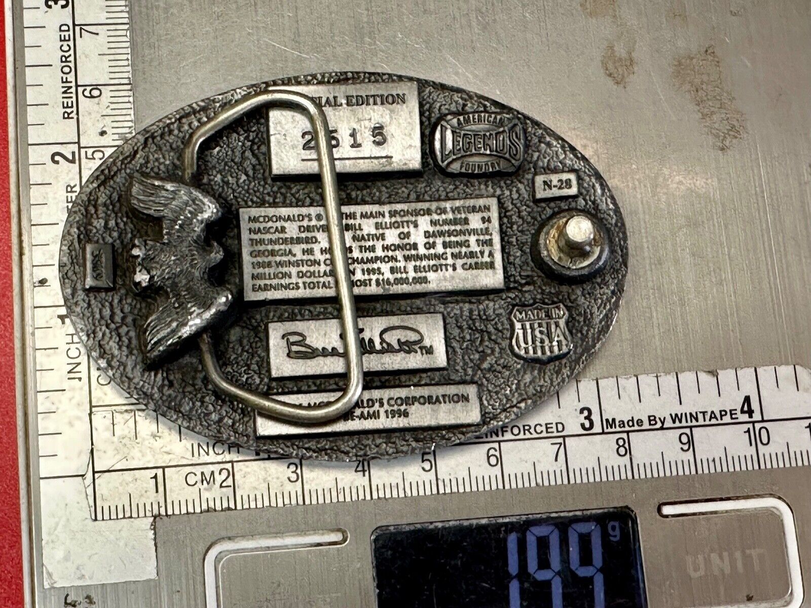Bill Elliott #94 McDonald's car vintage Nascar race belt buckle N-28