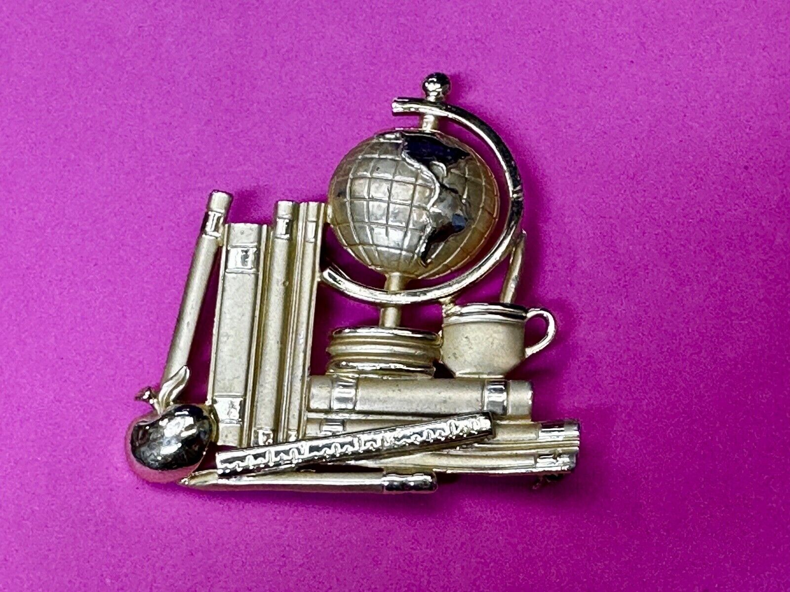 Teacher Gift!  Globe Books Apple Ruler Gold Tone Brooch Pin Vintage by AJC