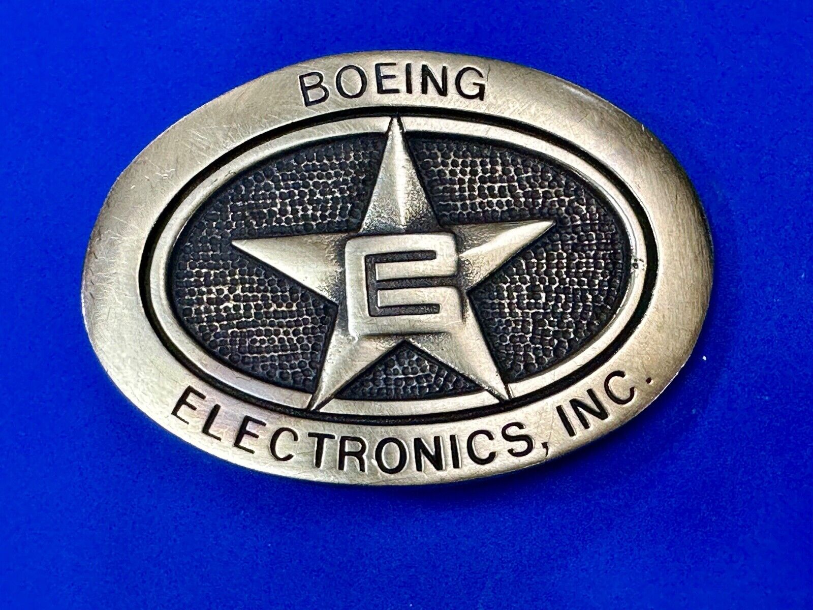 Vintage Boeing Electronics Inc Solid Brass BTS 1978 belt buckle Star Emblem