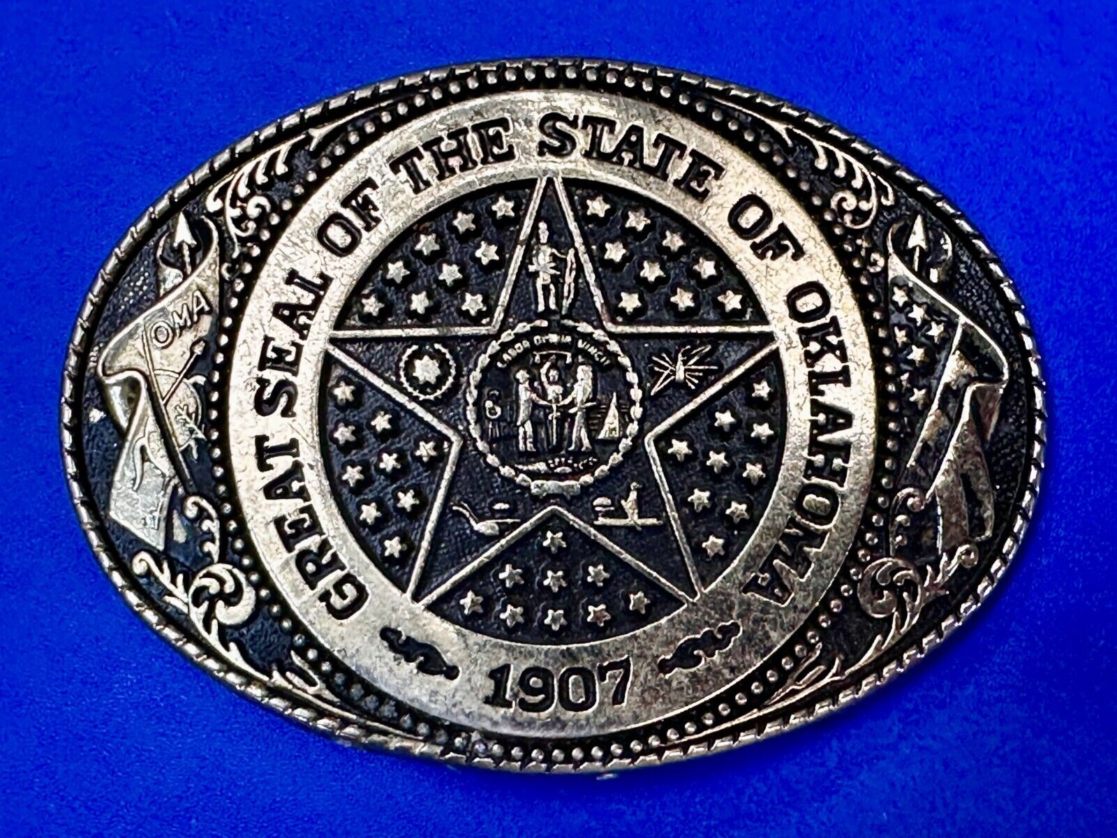 The Great Seal of Oklahoma 1907 Commemorative Vintage Belt Buckle