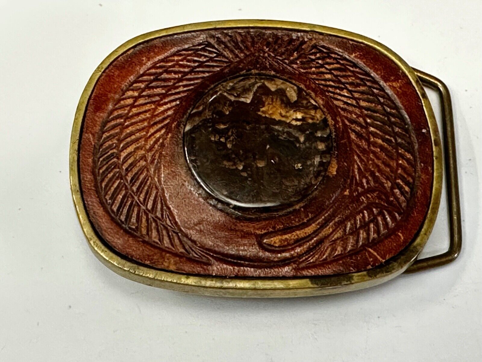 Unique Leather and Solid Brass Round Centerpiece Vintage Belt Buckle by Baron