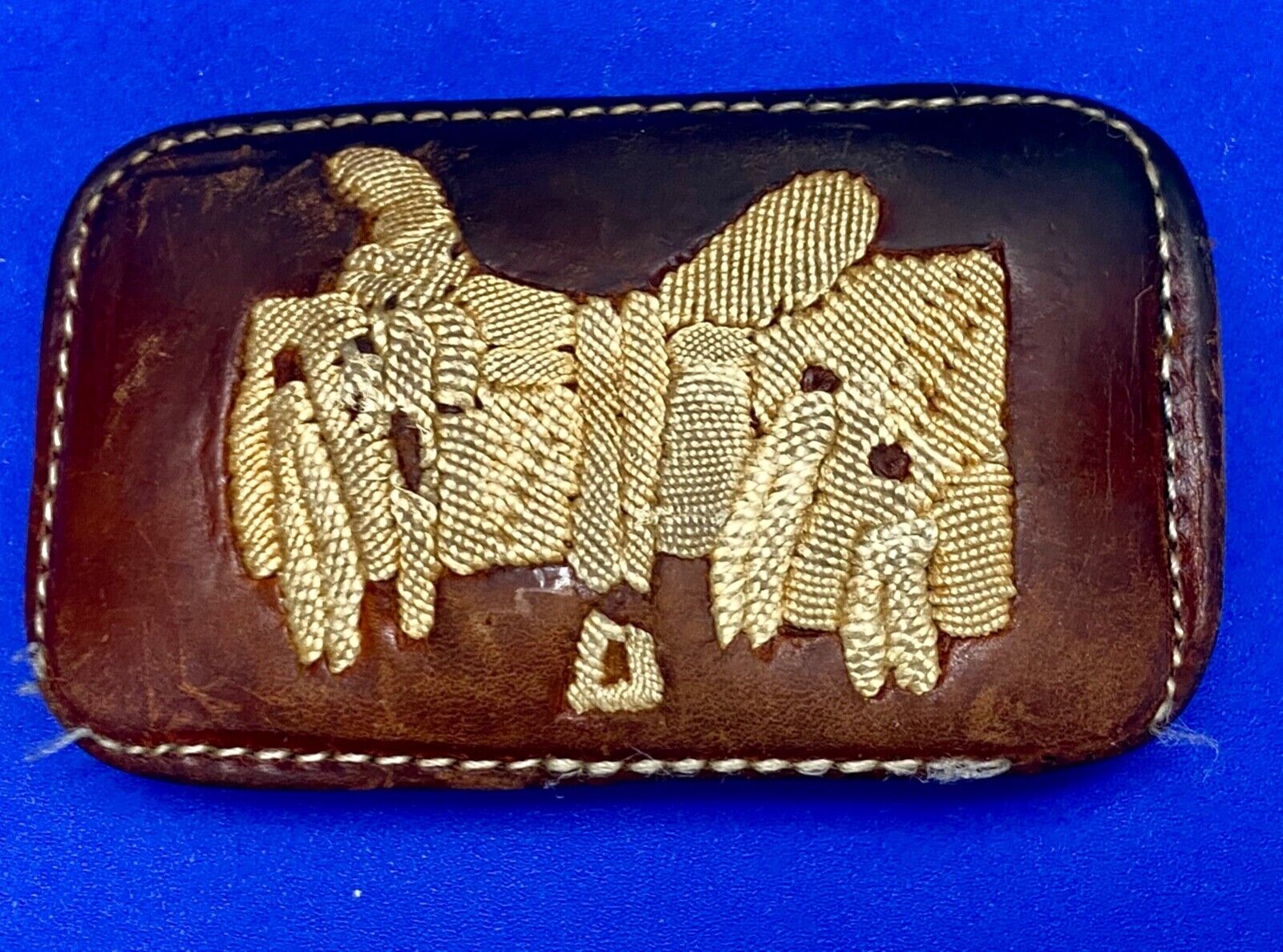Vintage leather stitched horse saddler belt buckle signed Tres Ranchitas