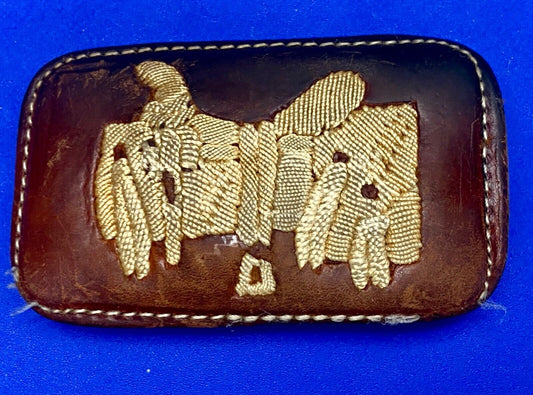 Vintage leather stitched horse saddler belt buckle signed Tres Ranchitas