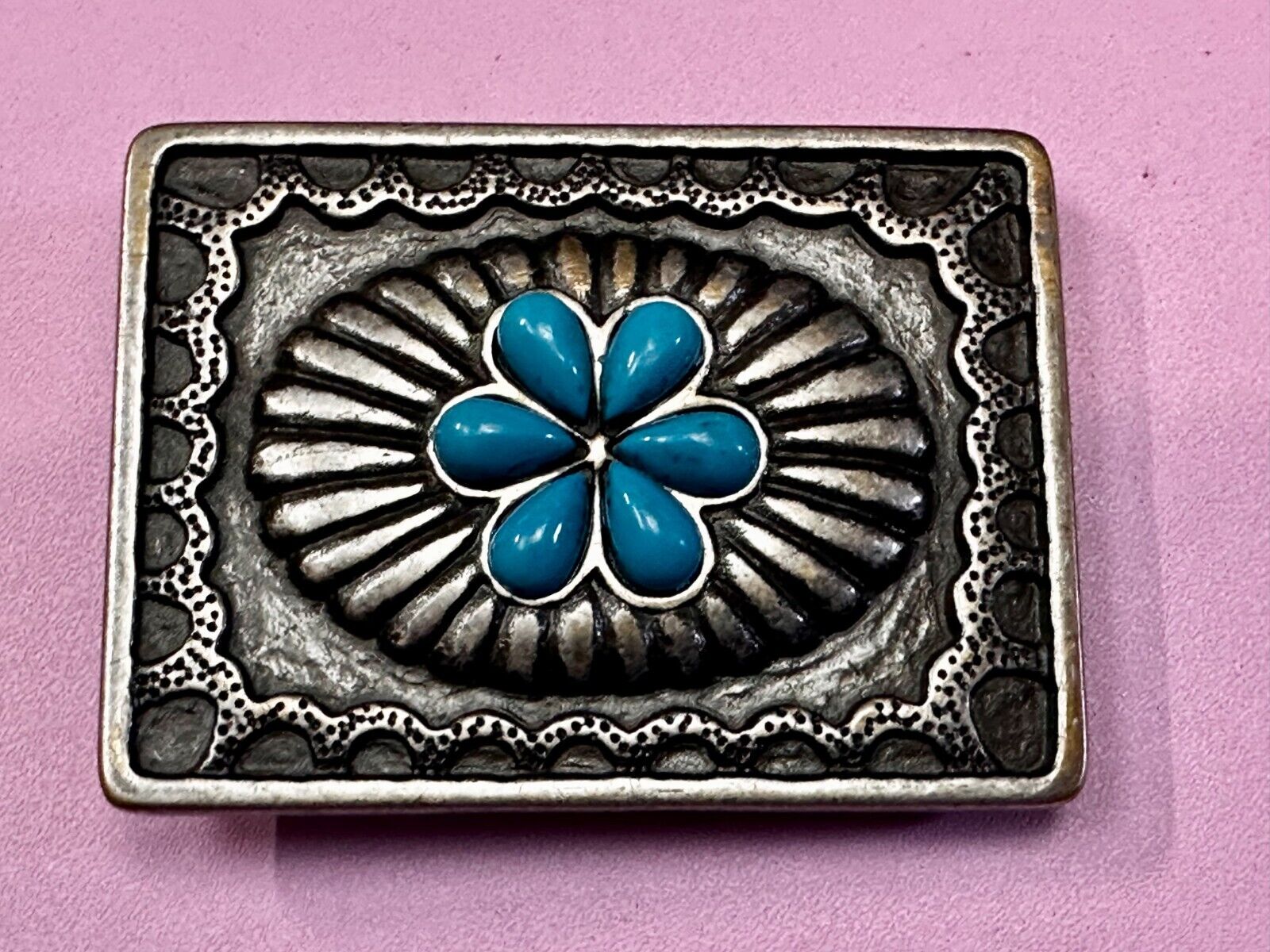 Turquoise Stone Center Floral Theme Native American Indian Style Belt Buckle