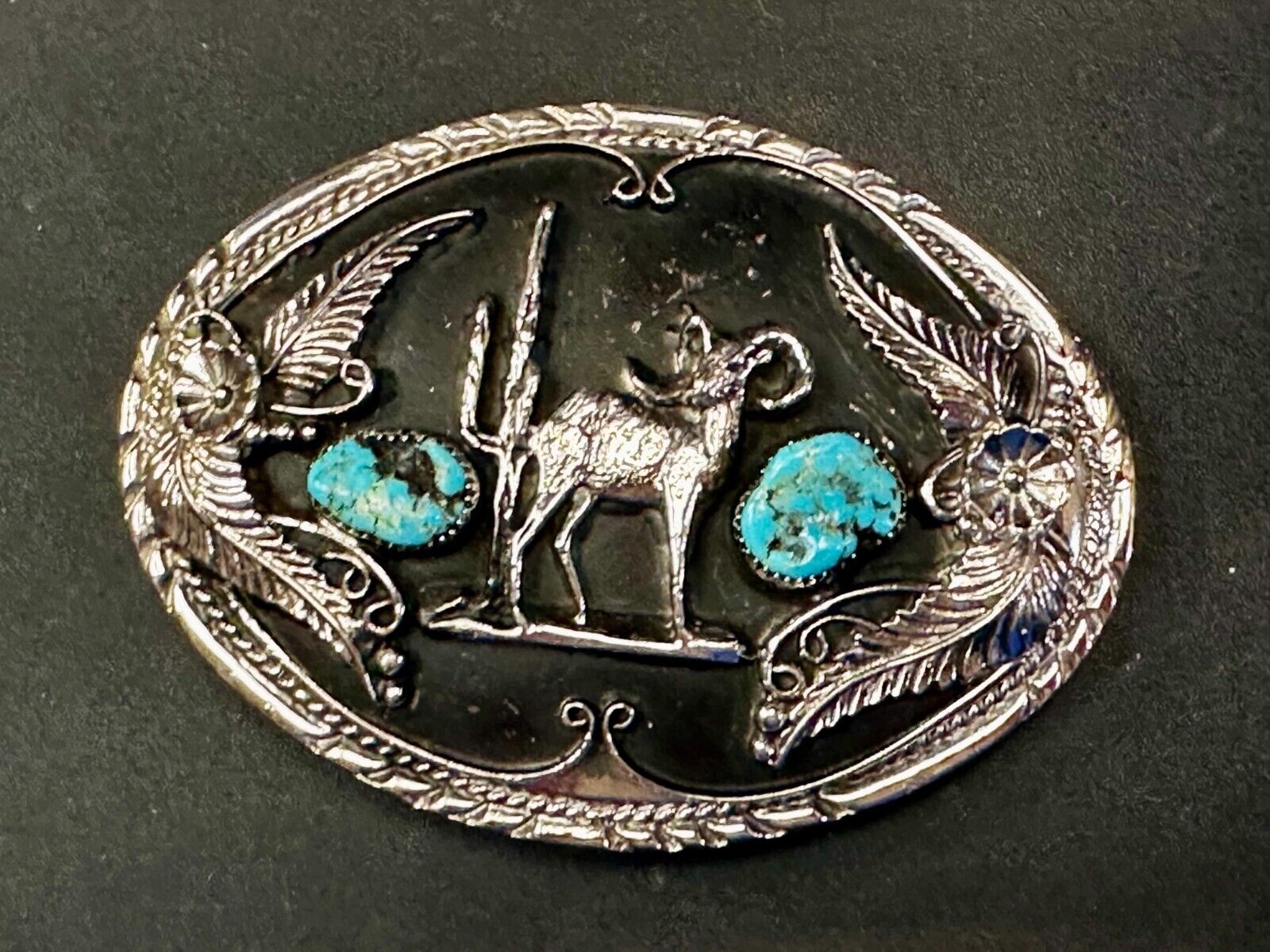 Bighorn Sheep Ram Mountain Goat Turquoise Stone Flower Leaf Western Belt Buckle
