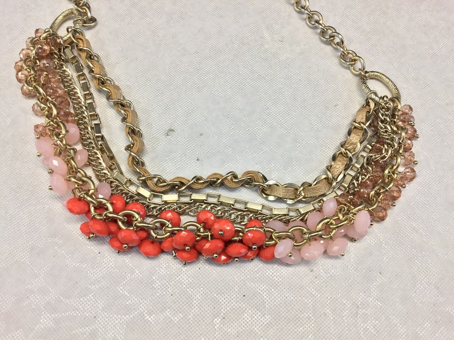 VCLM Multi Strand Gold Pink Coral Orange Beaded Statement 21" Necklace