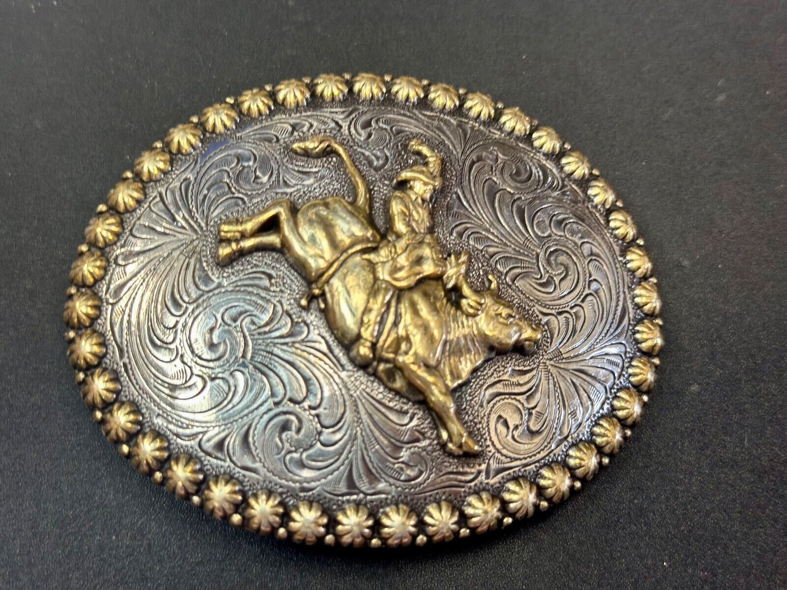 Vintage Cowboy Saddle Bronc western 4"  oval belt buckle with star boarder