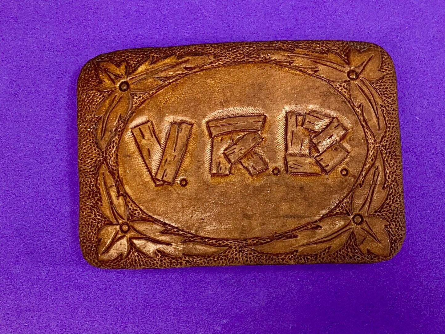 Vintage Initials Letters Vrb Log Style On Leather And Brass Belt Buckle 