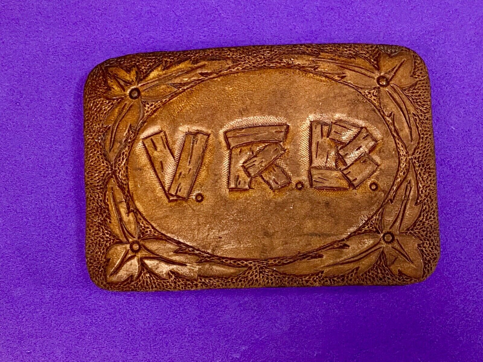 Vintage Initials Letters Vrb Log Style On Leather And Brass Belt Buckle 