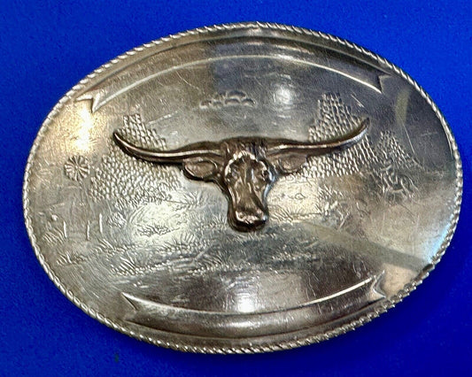Texas longhorn - Vintage Artisan? two tone engraved award ribbon Belt Buckle