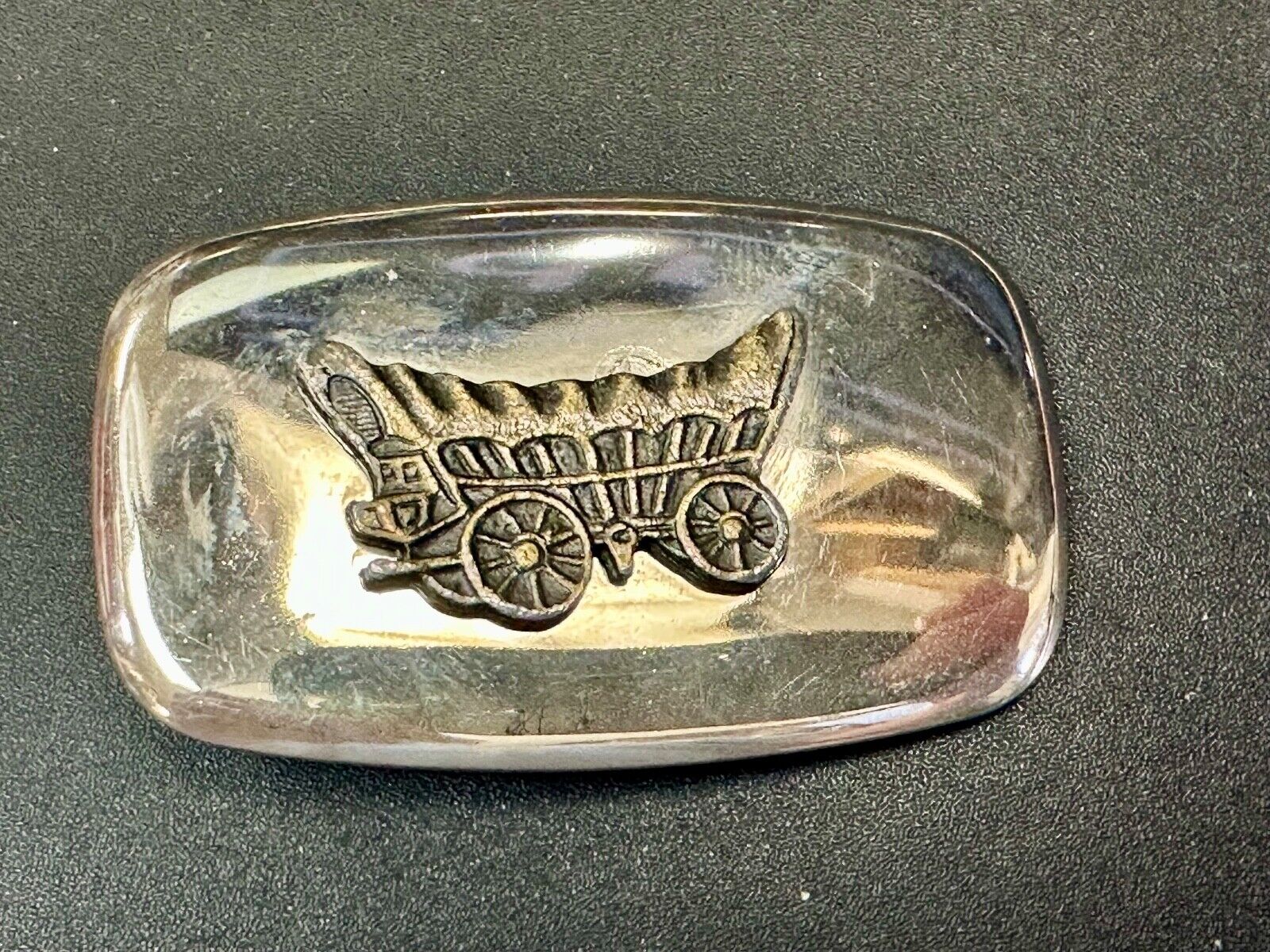 70s Covered Wagon two tone reflective rounded corner USA made belt buckle