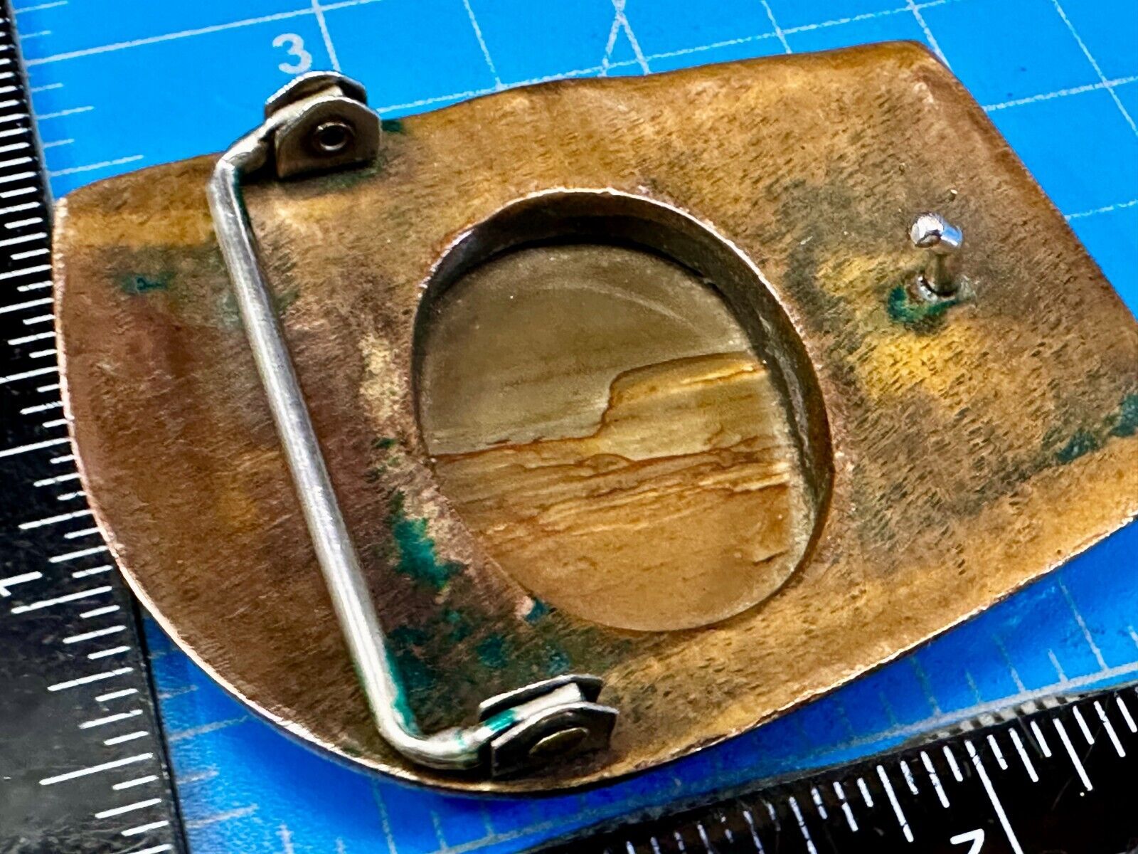 Art Deco Picture Jasper Cabochon Stone In Artisan Hippy Vibe Brass Belt Buckle