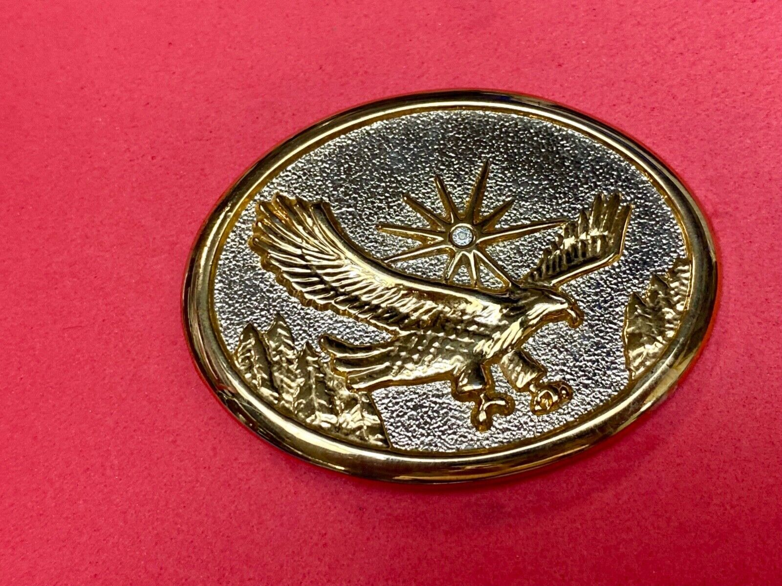 Vintage Eagle Flying Over Mountains With Sunburst two tone belt buckle