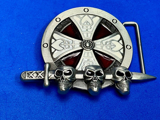 Three skulls through sword with celtic Iron Cross belt buckle