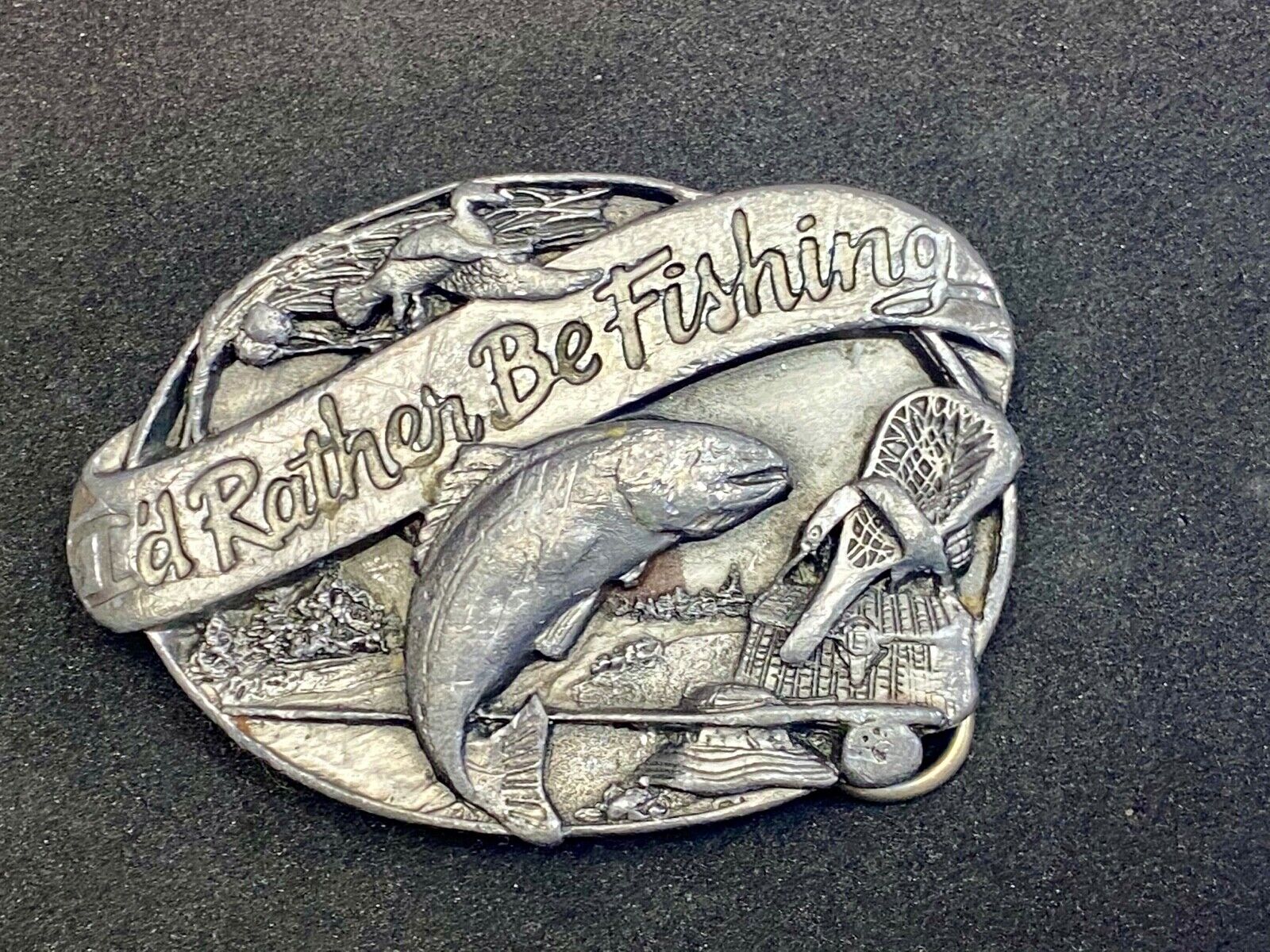 Vintage 1985 "I'd Rather Be Fishing" M-30 Pewter Belt Buckle  - Perfect Gift! 