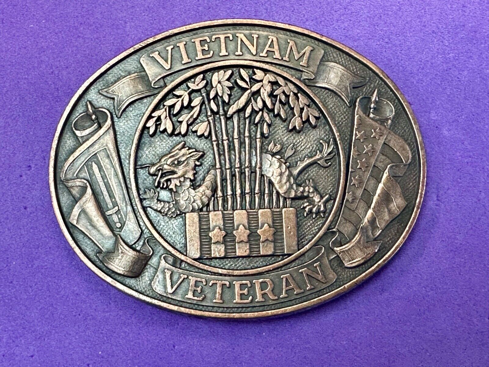 Vietnam War Veteran - vintage dragon, Patriotic American Flag oval belt buckle