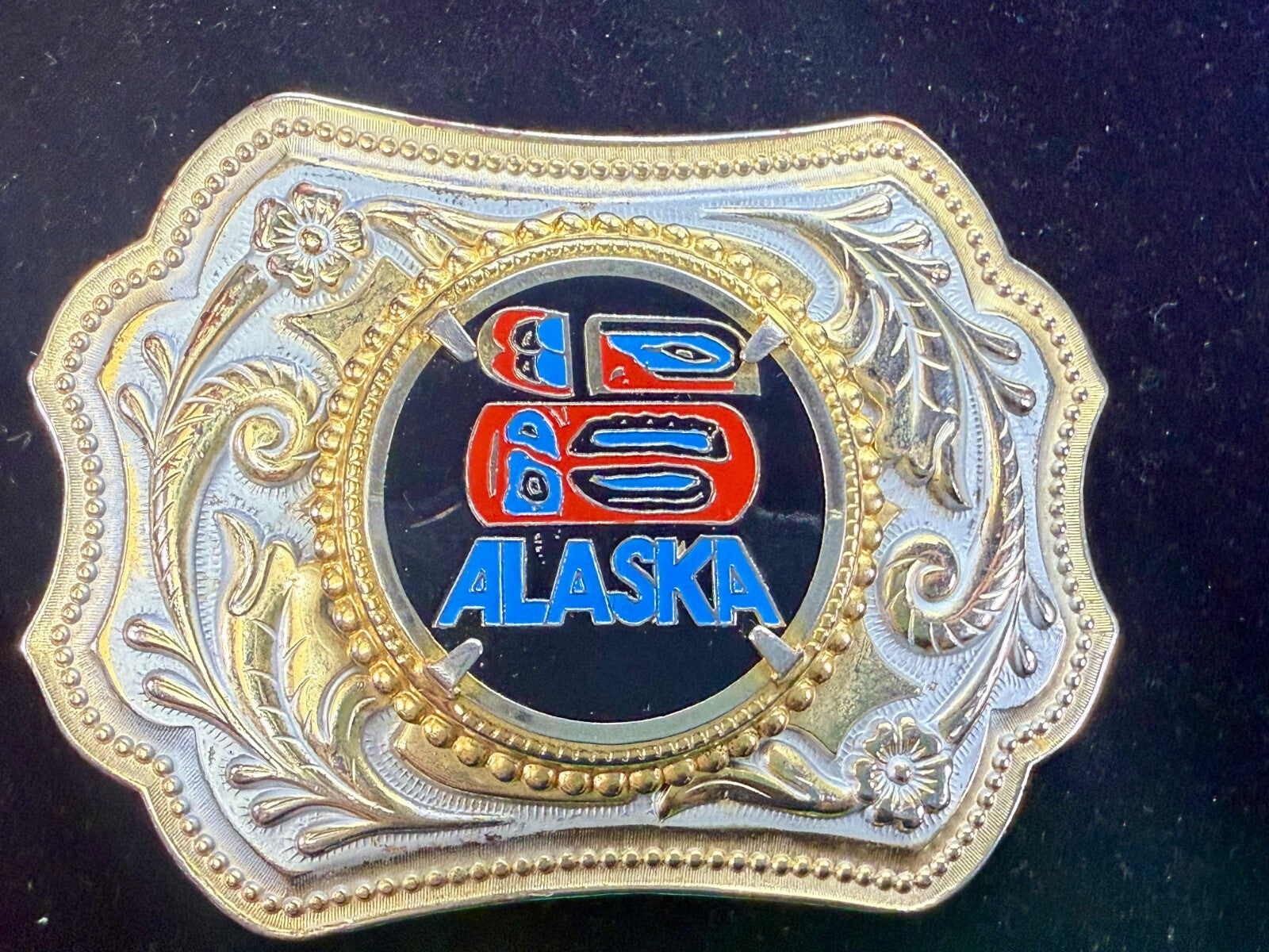 ALASKA Alaskan State Centerpiece on Gold Color Western Style Belt Buckle