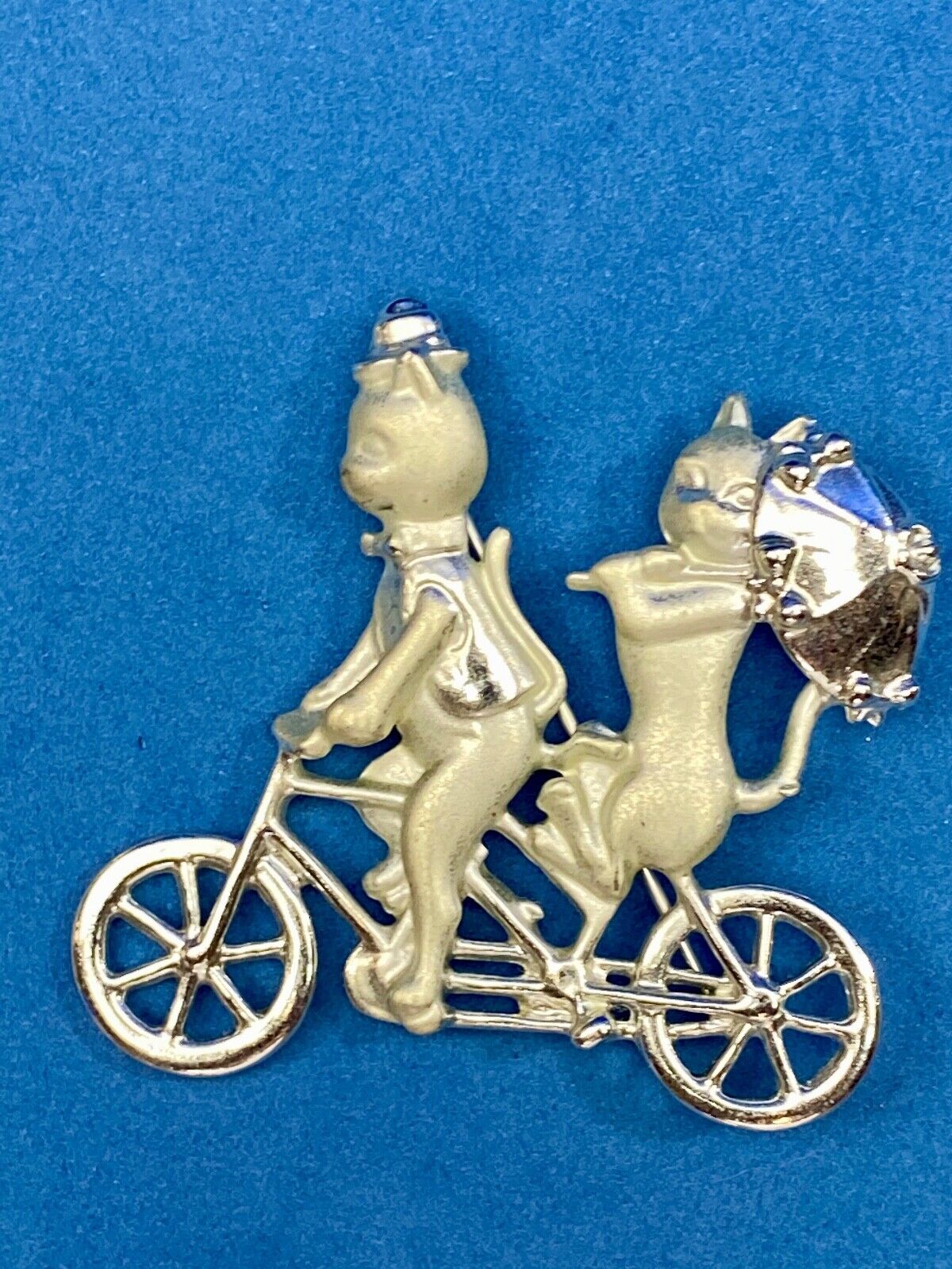 Vintage AJC Two Cats Riding Bicycle  with Umbrella Silver Tone Brooch Pin