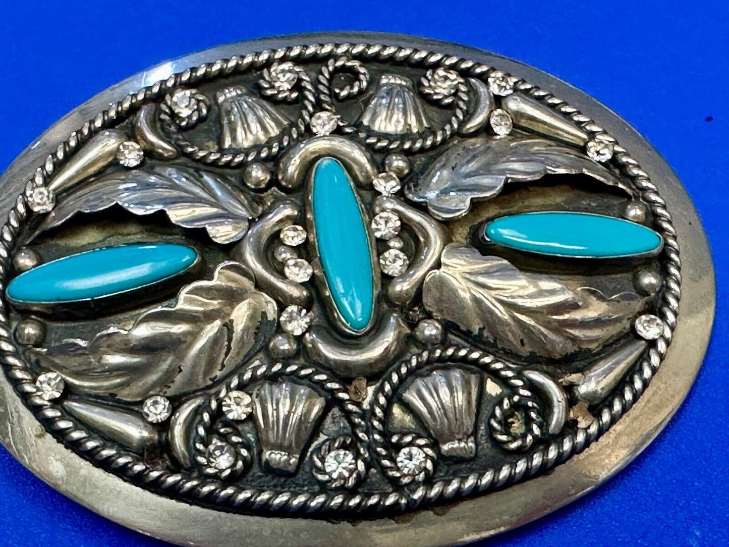 Vintage Faux Turquoise and Feather's Beautiful Alpaca Mexico Stamped Belt Buckle