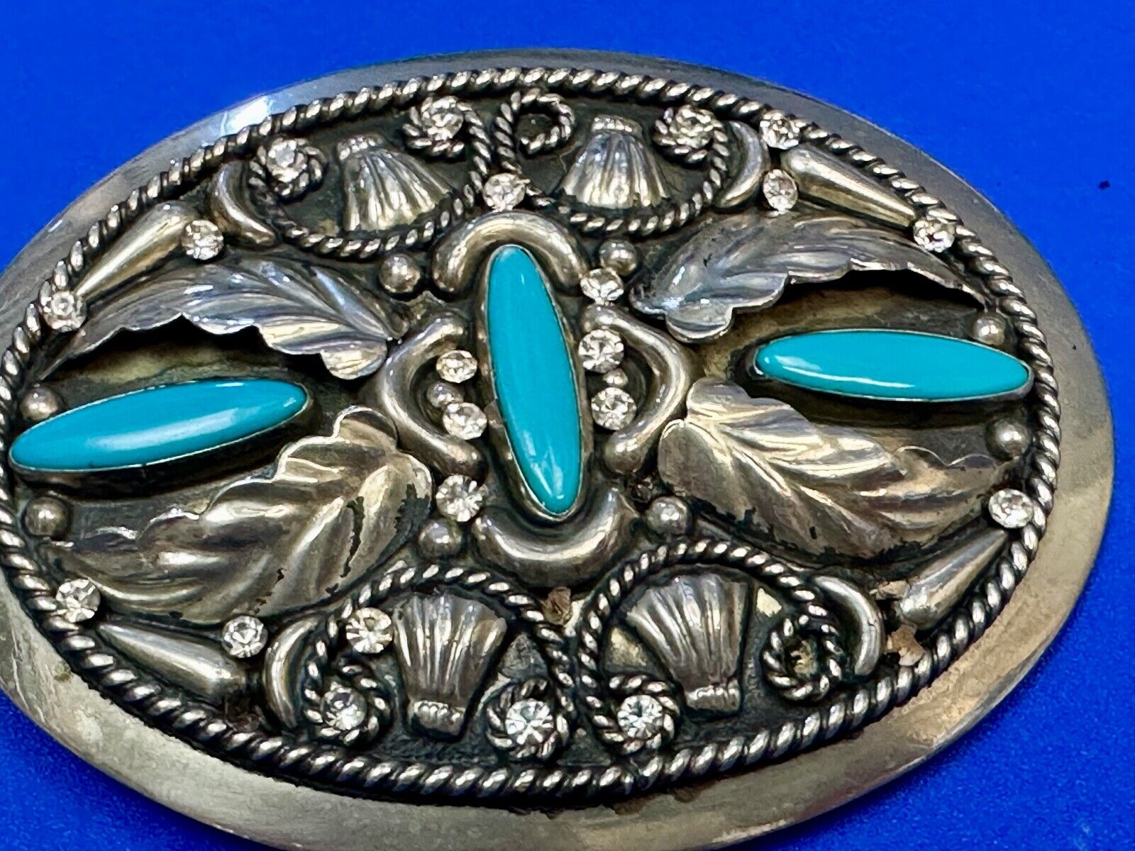 Vintage Faux Turquoise and Feather's Beautiful Alpaca Mexico Stamped Belt Buckle