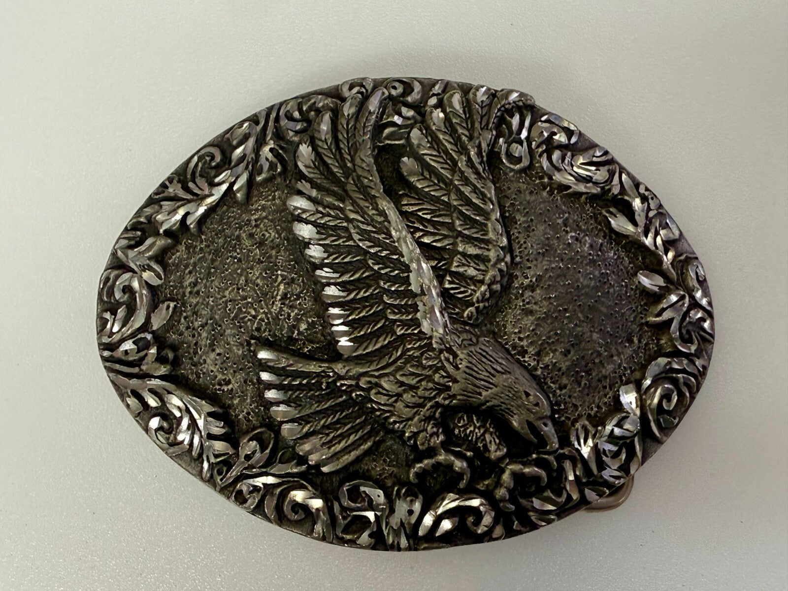 3D Flying American Bald Eagle Swirl Ornate Border Carved 1993 EGE Belt Buckle