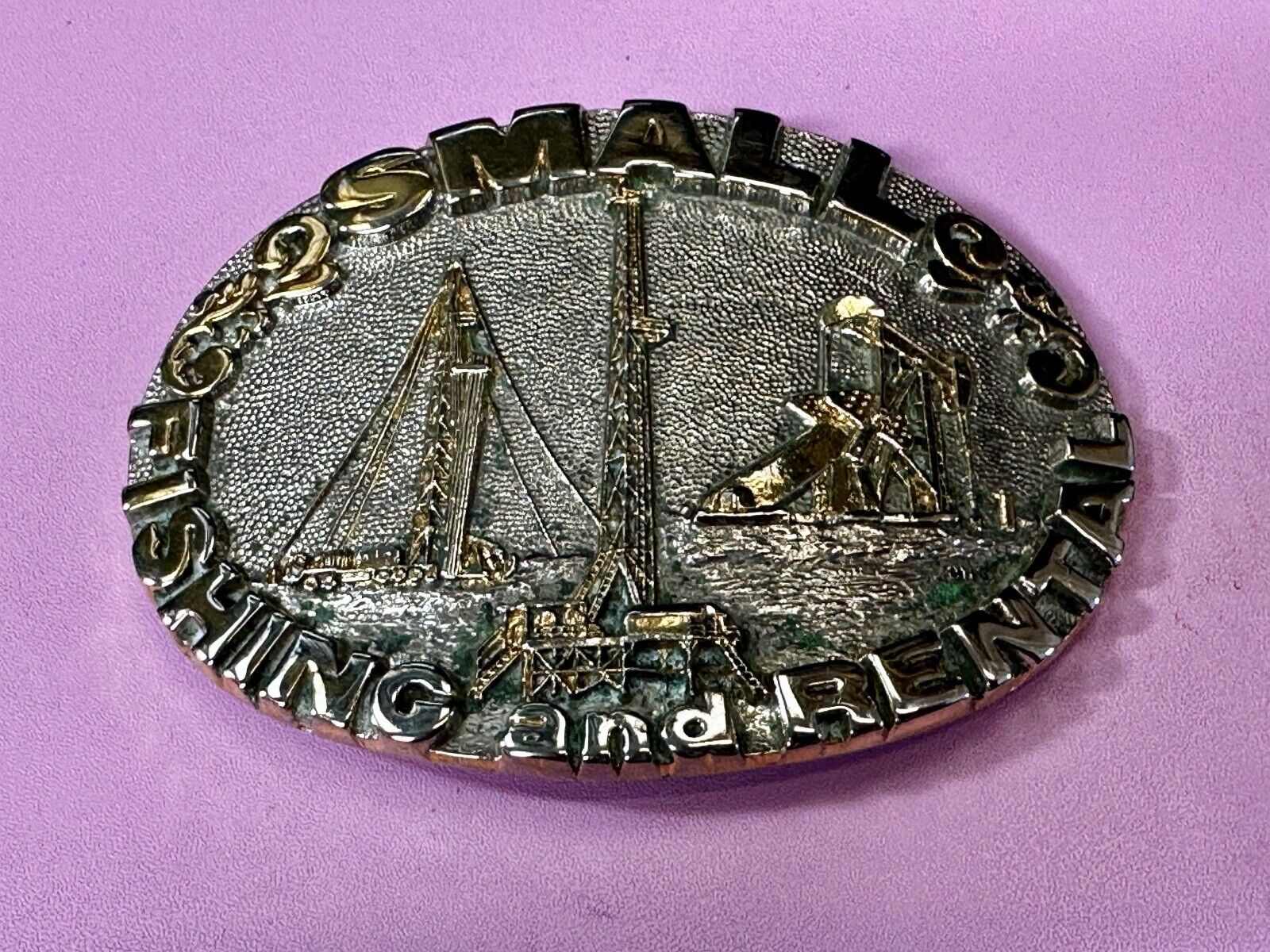 2 Small Fishing And Rental 24K Gold Plated Off Shore Oil Rig Belt Buckle By Adm