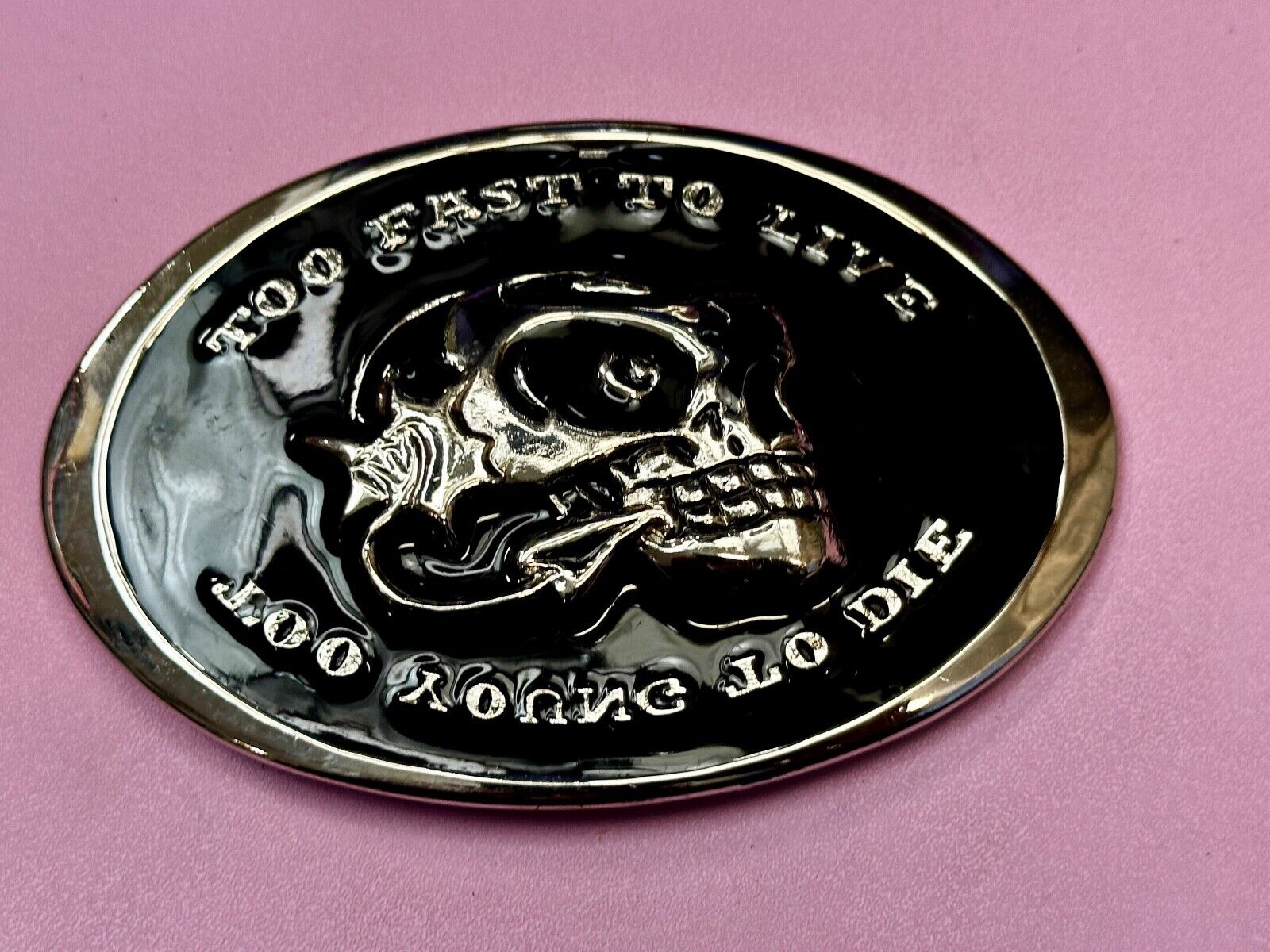Too Fast to Live, Too Young to Die Skull black and silver tone Belt Buckle