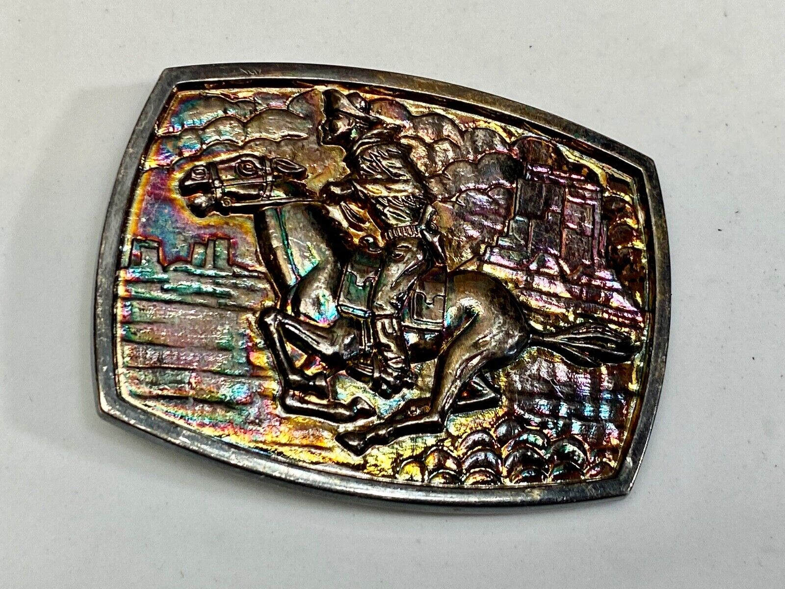 Vintage Horse Back Rider Racing Through Town Western Belt Buckle 