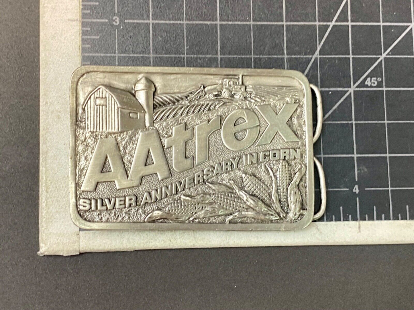 AAtrex Silver Anniversary Farm Tractor Barn Corn Farmer Belt Buckle