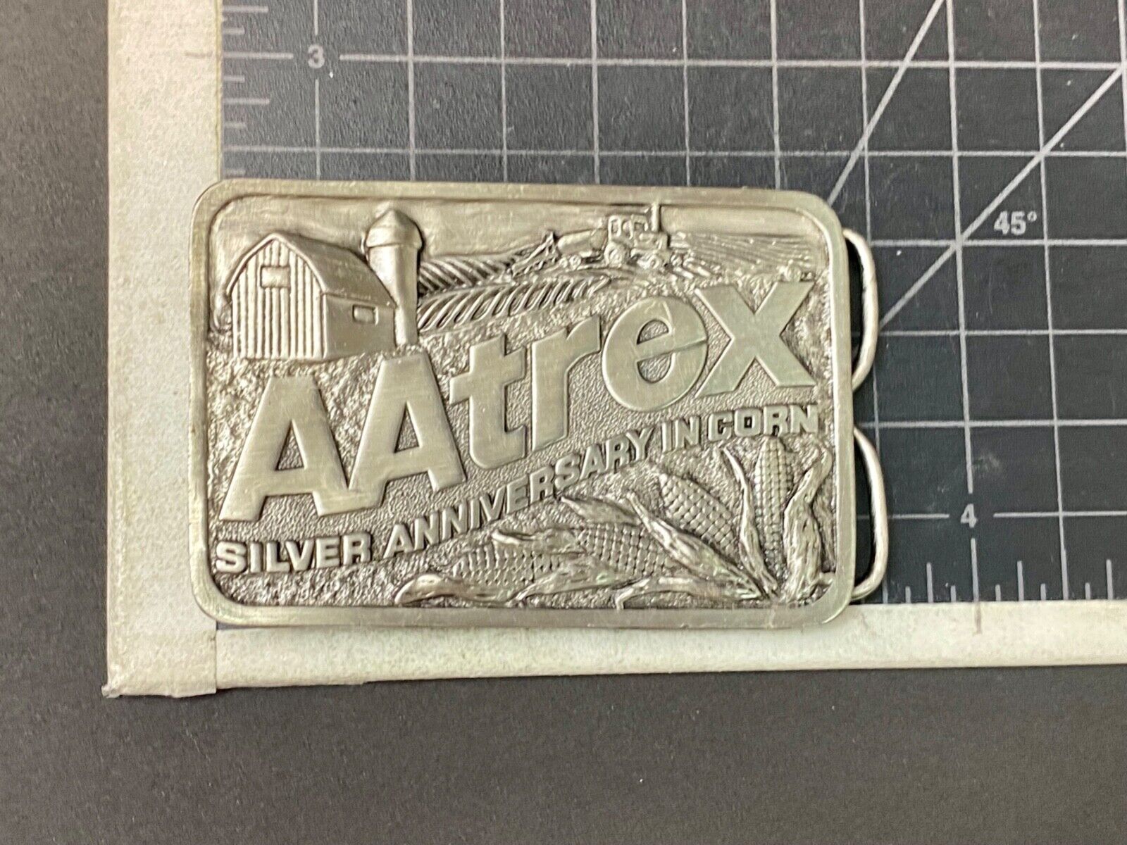 AAtrex Silver Anniversary Farm Tractor Barn Corn Farmer Belt Buckle