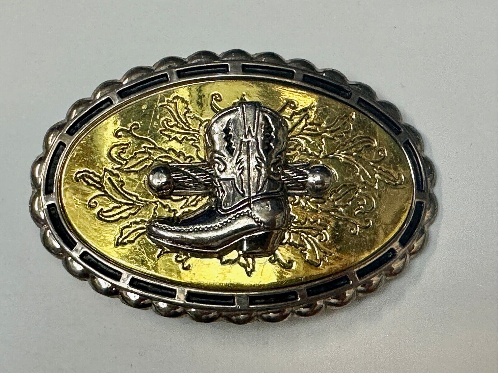 Unique Single Cowboy Boot - vintage yellow background western belt buckle