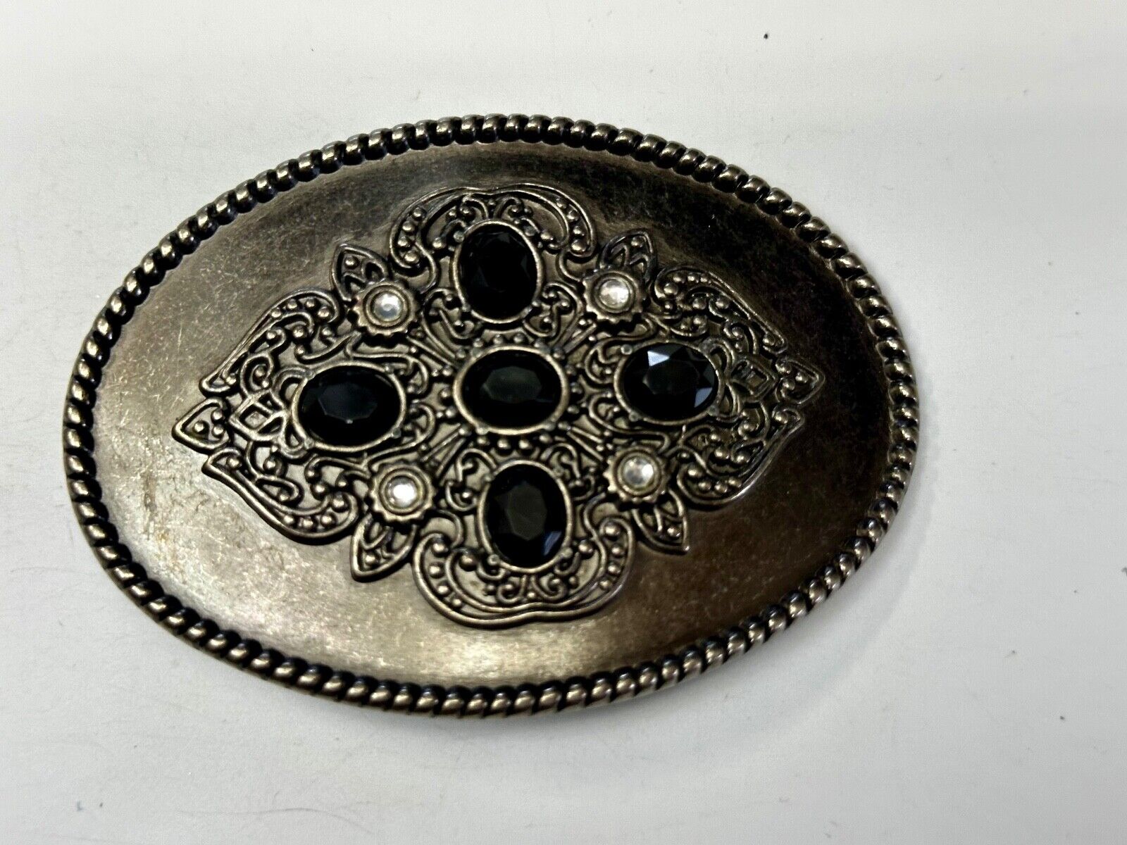 Black & White Rhinestones on Ornate Western Oval Belt Buckle with Rope Border