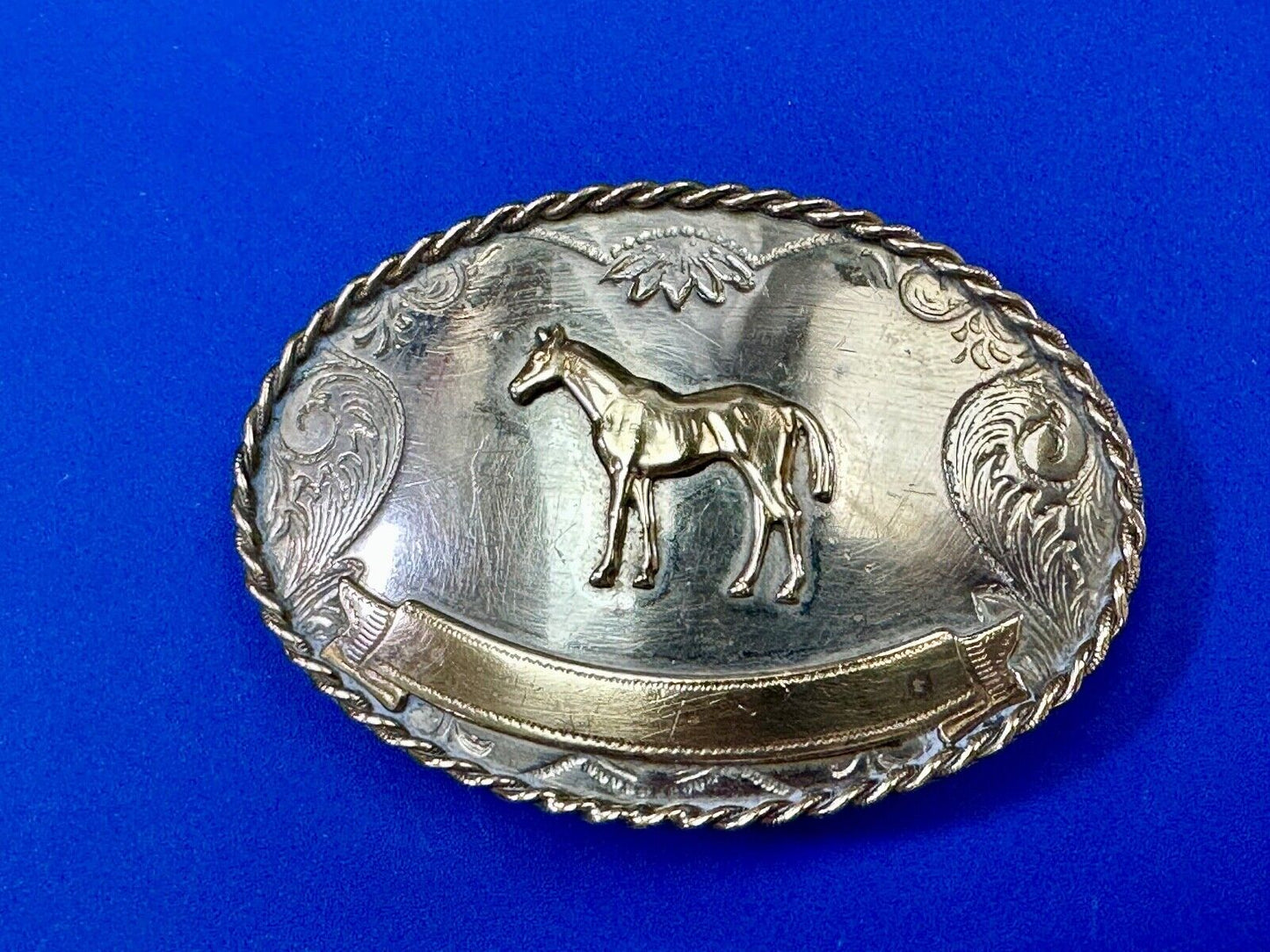 Vintage German Silver Standing Horse Engravable Trophy Award scroll belt buckle
