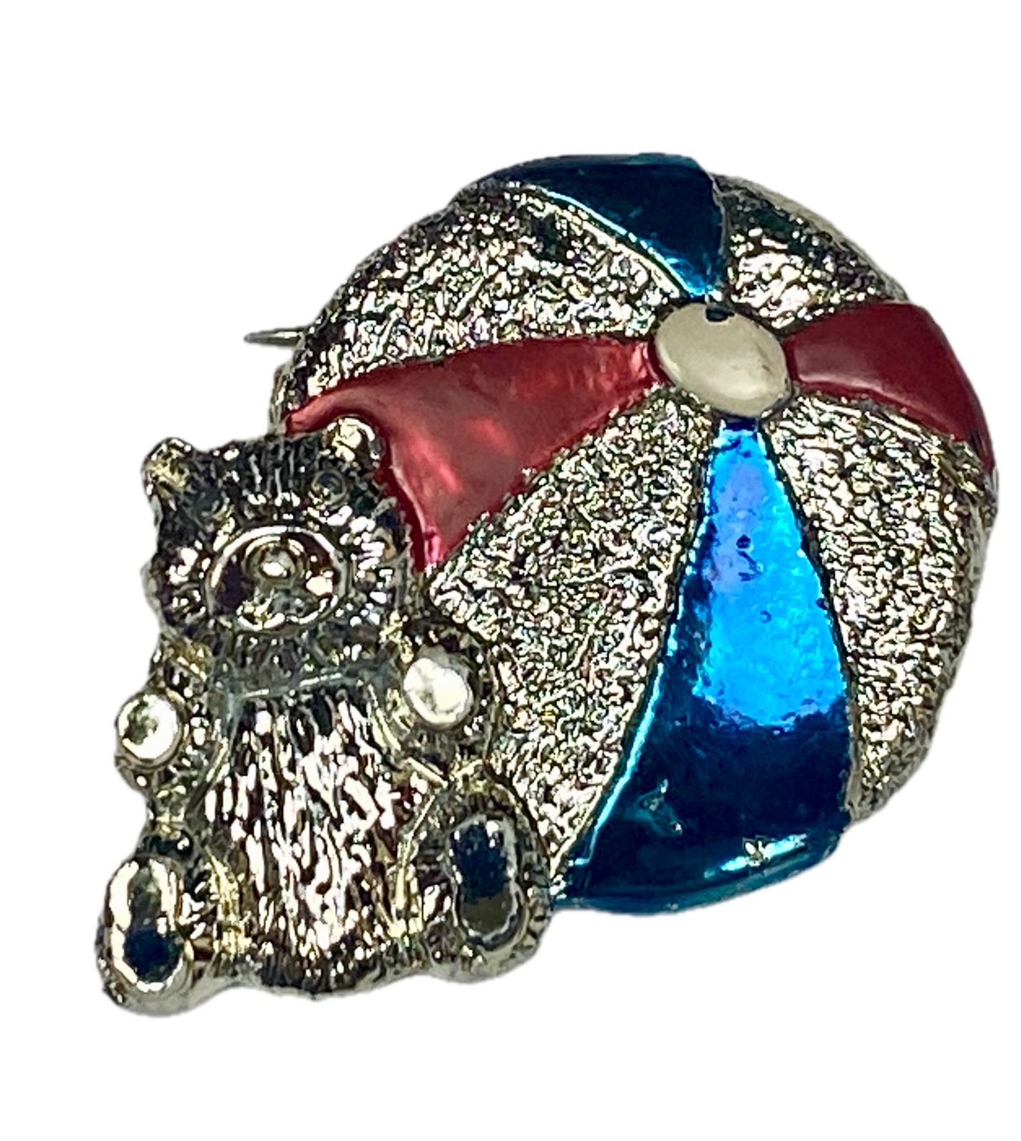 Teddy Bear with Beach Ball Vintage Blue Red Enamel Signed Brooch Pin