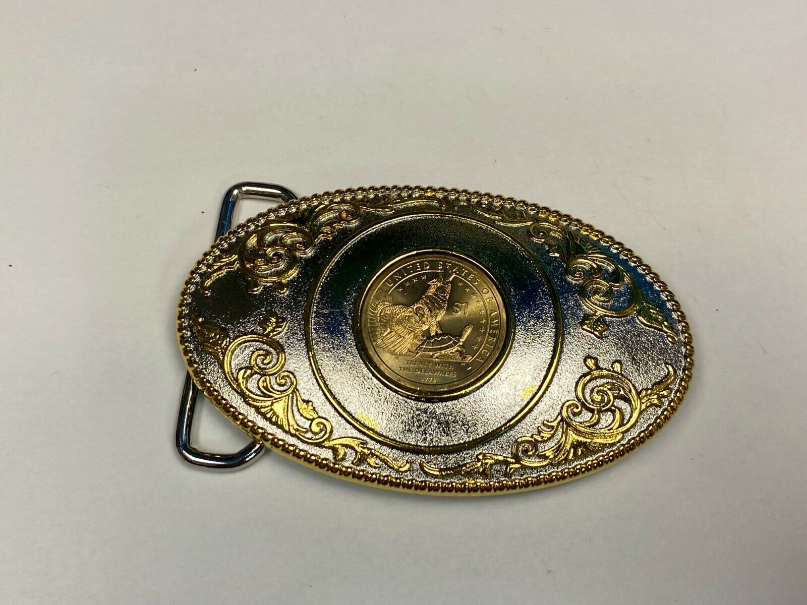 Treaty With Delaware First Commemorative Mint One Dollar Coin Belt Buckle & Coa