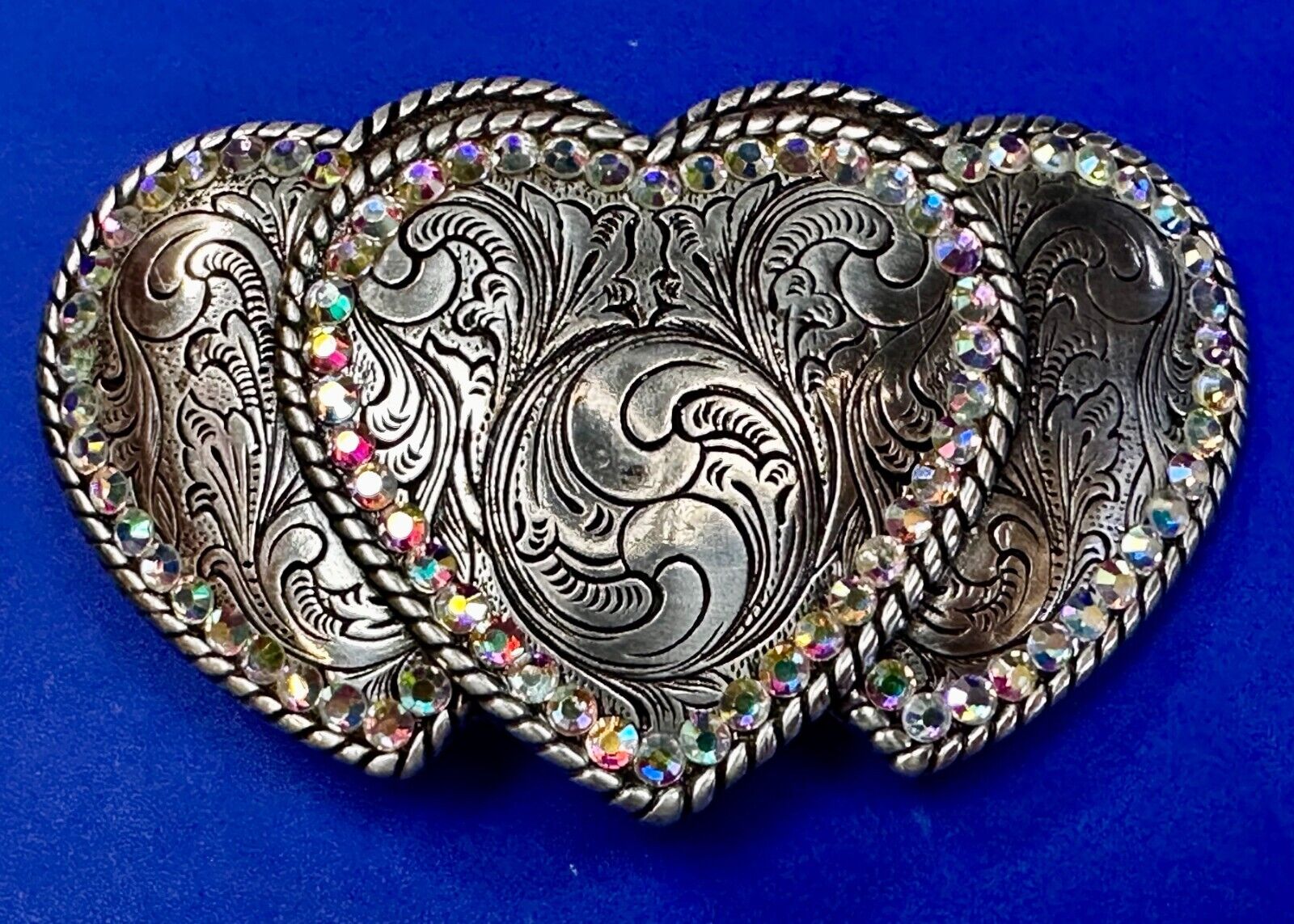 Triple / 3 Hearts - Rhinestone accented Silver tone cutout western Belt Buckle
