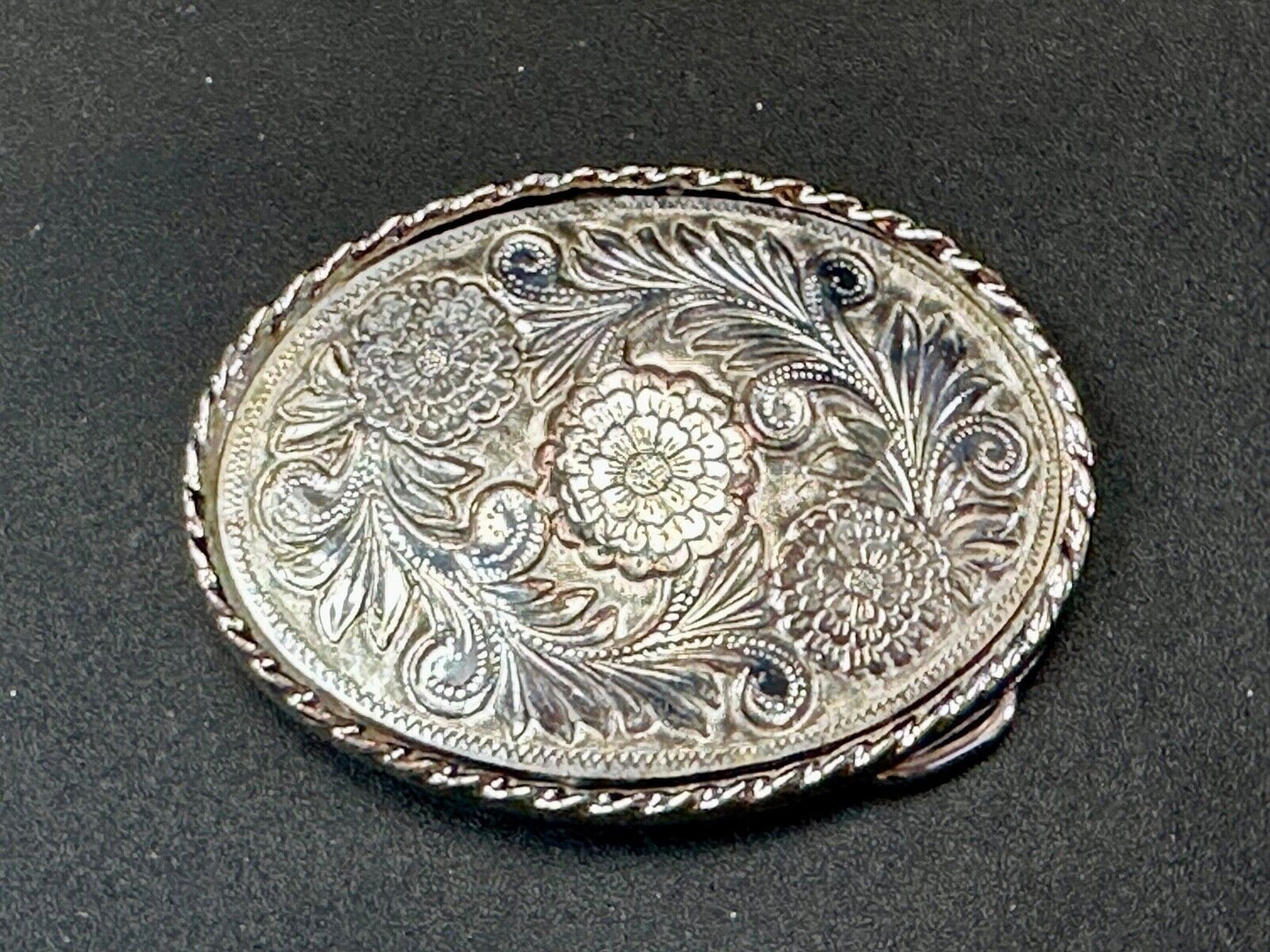 vintage flower leaf design western etched belt buckle marked W