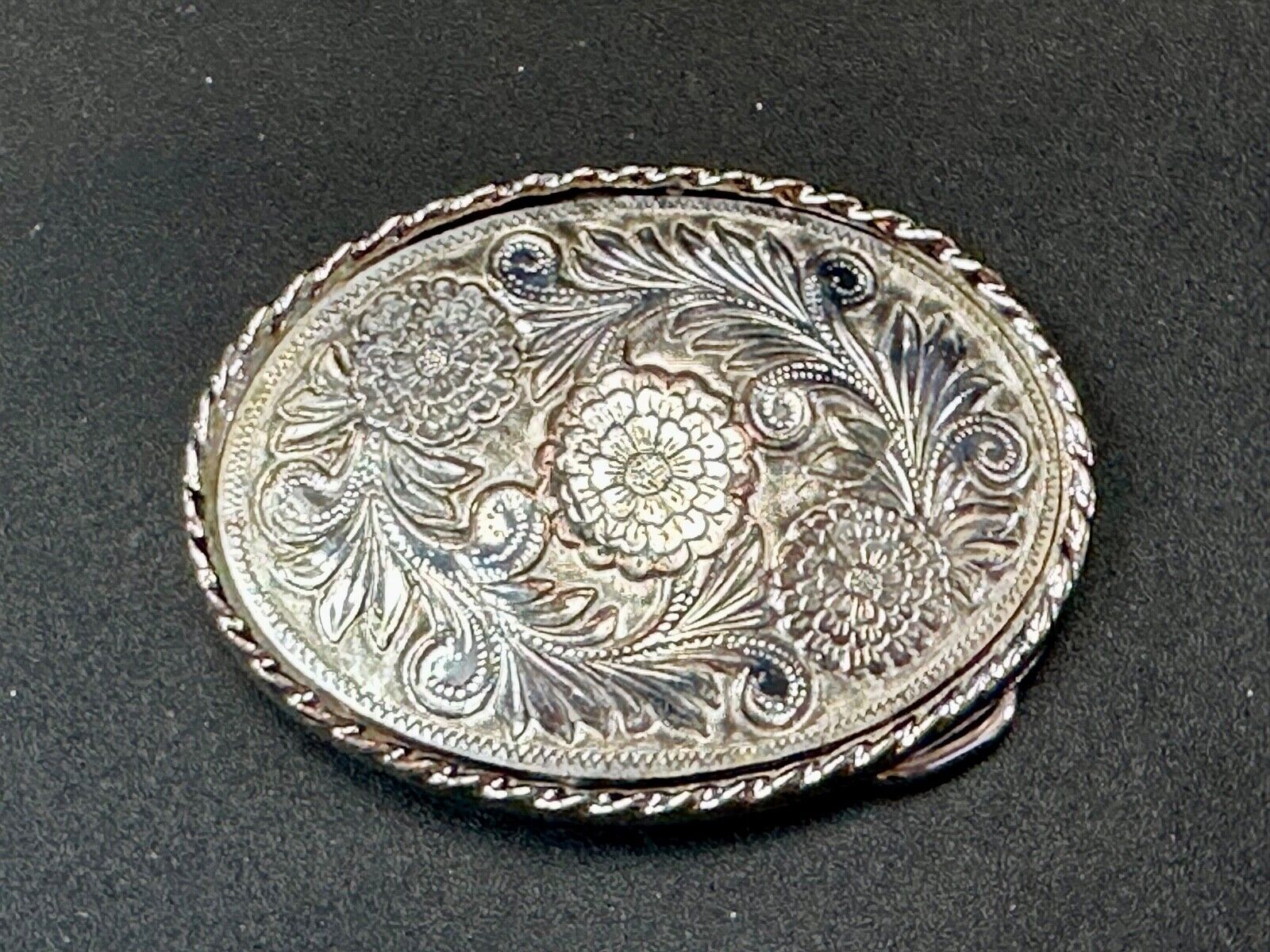 vintage flower leaf design western etched belt buckle marked W