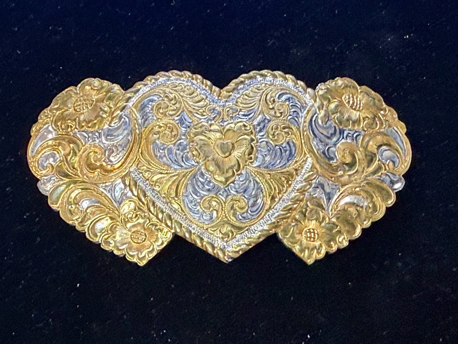 Triple Heart Shaped Heavy Silver Plate on Jewelers' Bronze Crumrine Belt Buckle