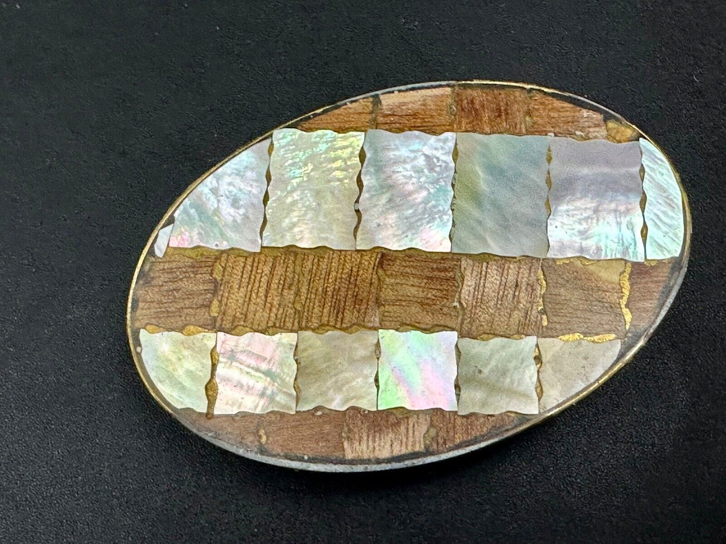 Abalone Shell and wood squares in Vintage oval belt buckle - See Hallmark!