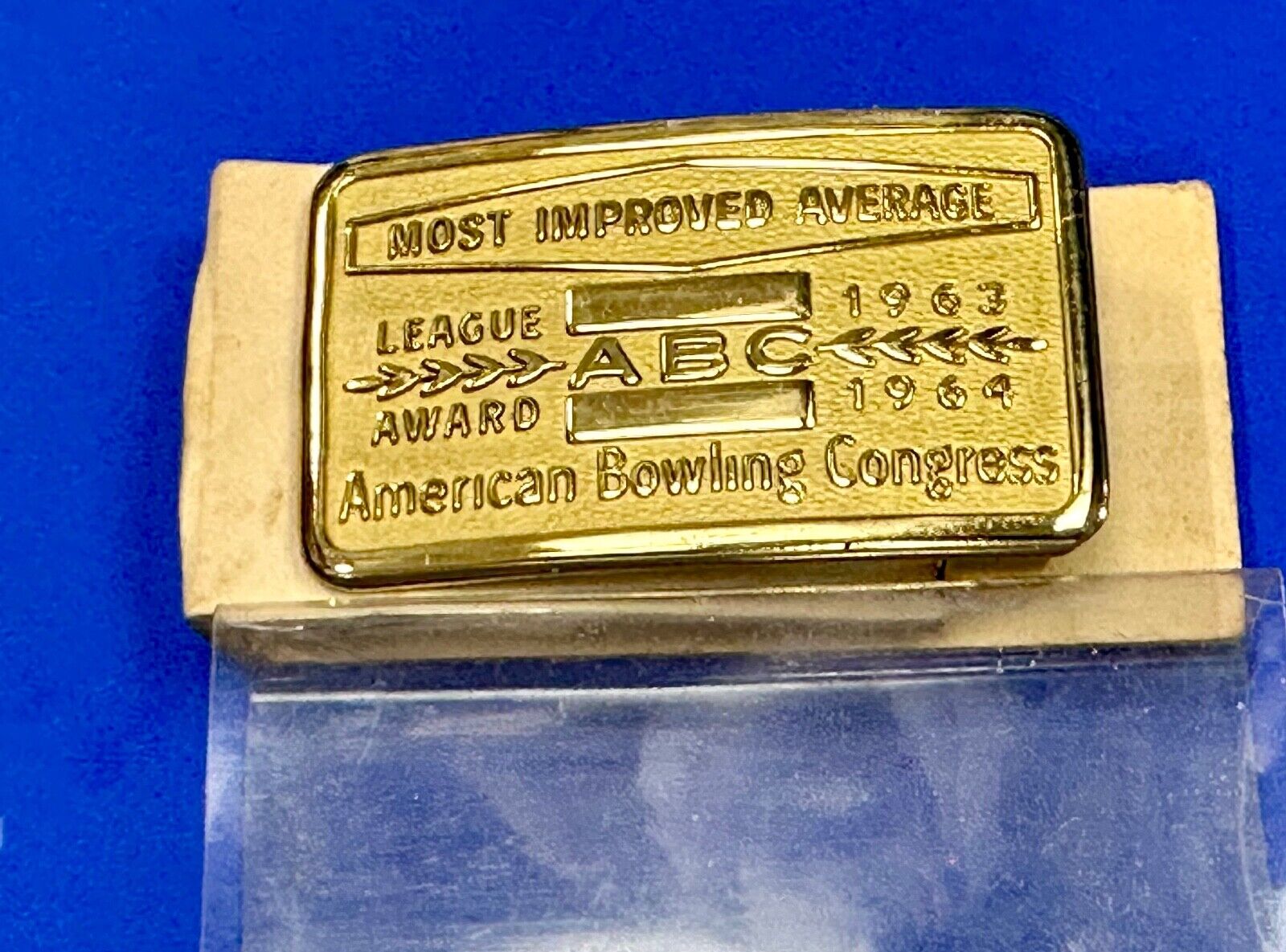 ABC Bowling League Award NOT engraved most improved trophy 1963 NOS belt buckle