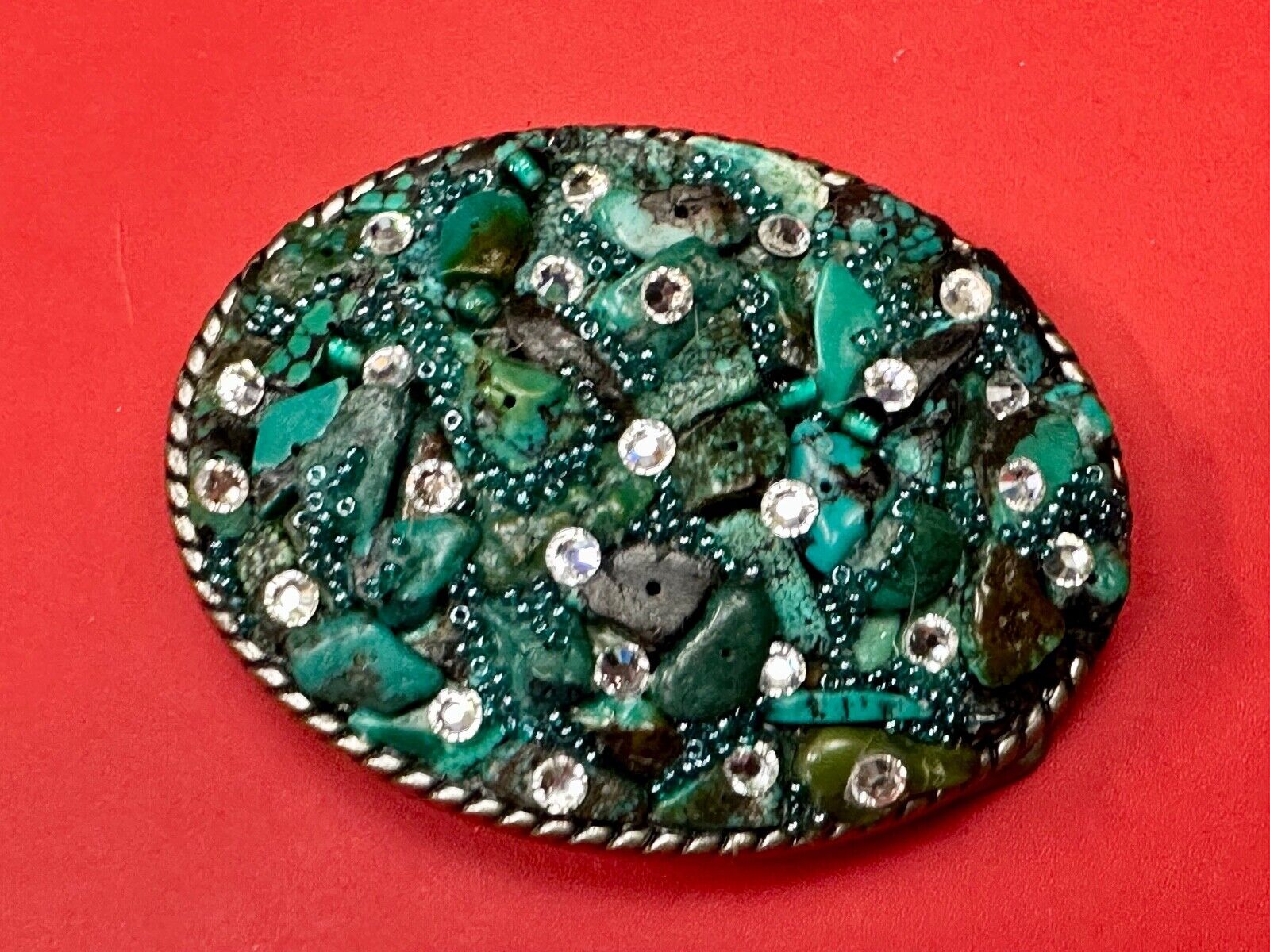 Artisan Chunky shades of Green and clear rhinestone mixed material belt buckle