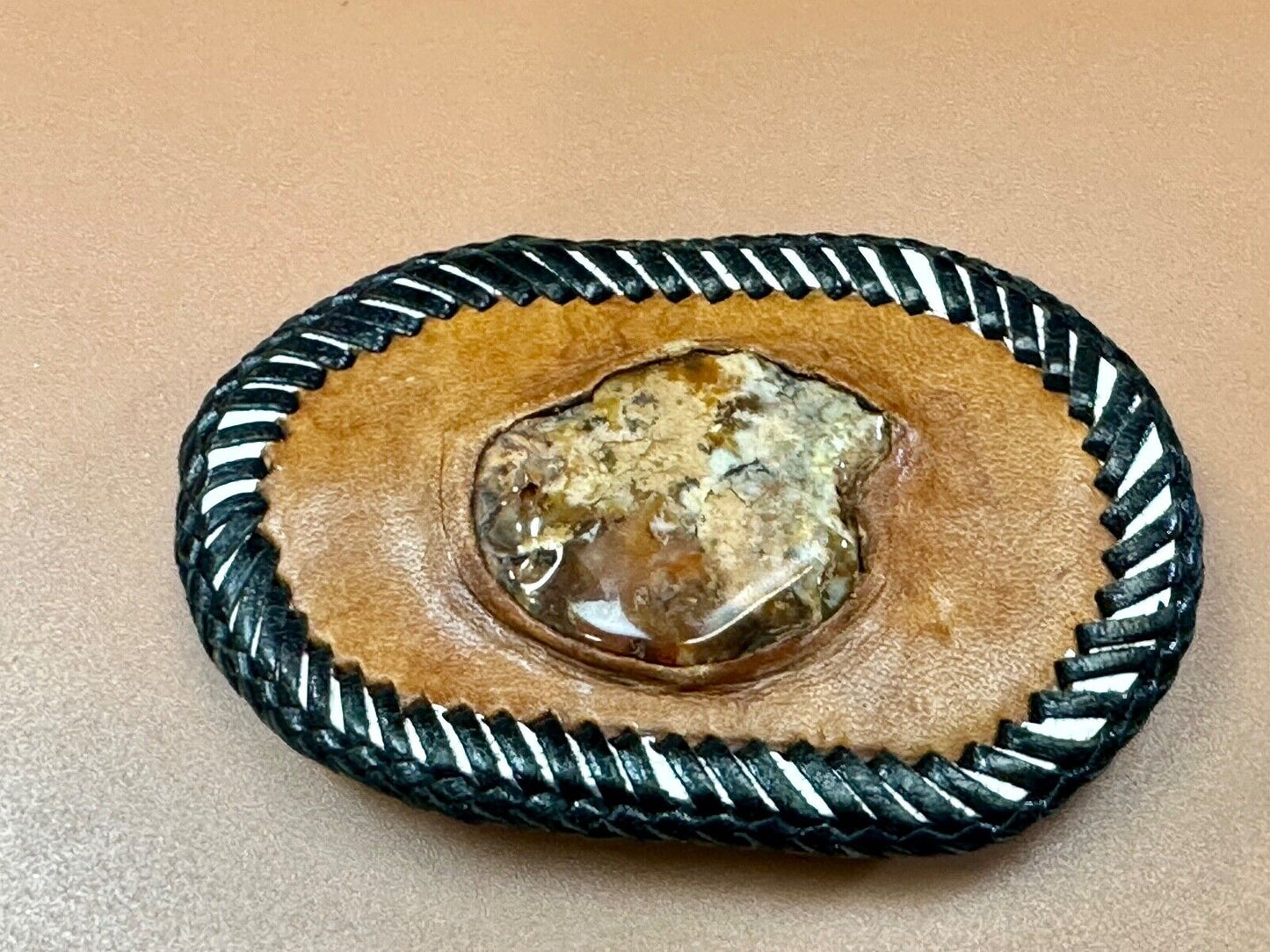 Vintage leather & stone? hand stitched belt buckle