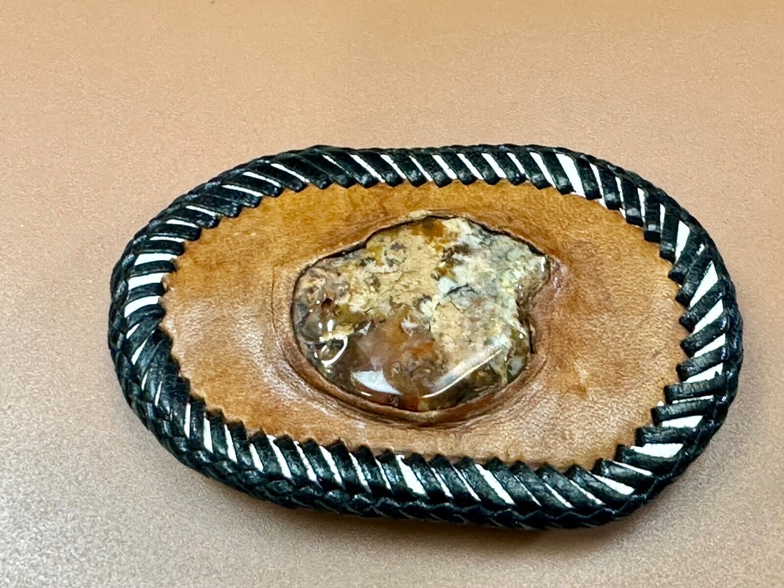 Vintage leather & stone? hand stitched belt buckle