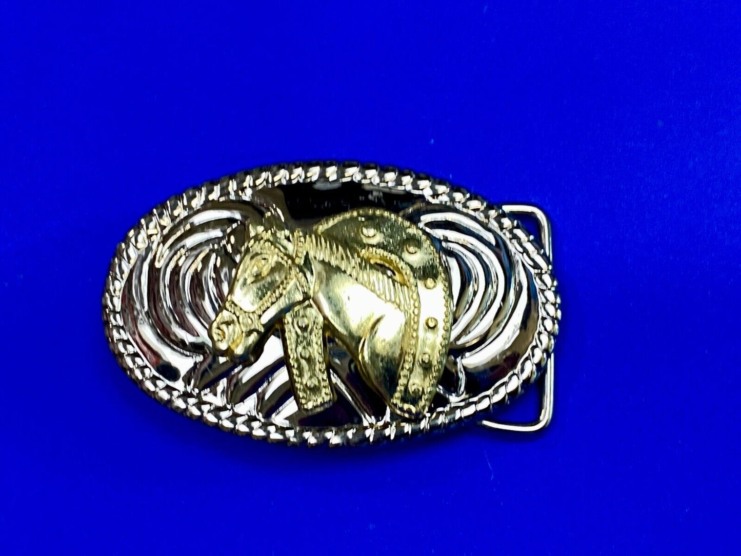 Vintage horse head through lucky horseshoe mixed metal western small belt buckle