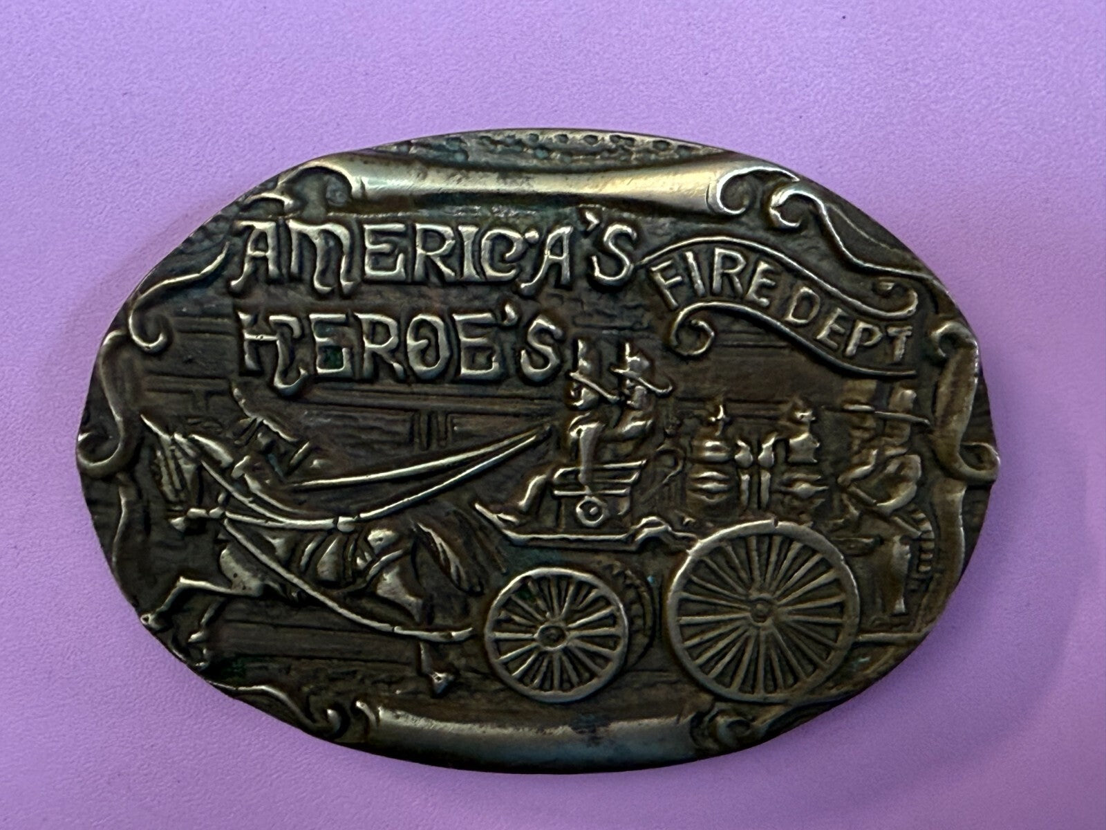 America's Heroes Fire Department Fireman Truck Wagon Solid Brass Belt Buckle