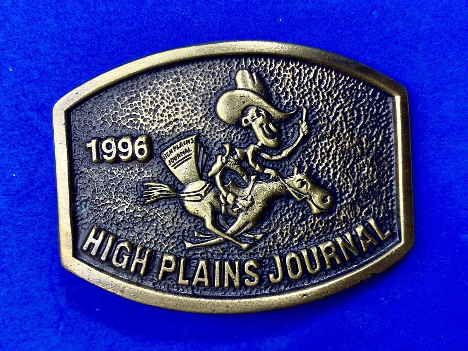 Vintage 1996 High Plains Journal Belt Buckle Cowboy Horse Newspaper