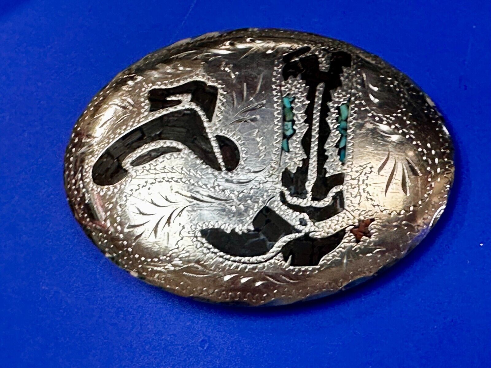 Turquoise & Coral Inlay Western Cowboy Hat Boots Large Native? Art Belt Buckle