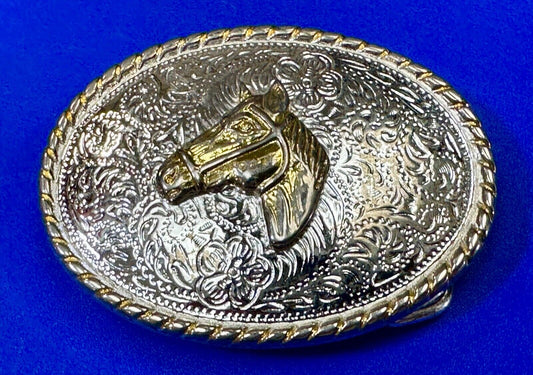 Vintage Horse Head  Two tone oval western 2.75" wide belt buckle by Ivan