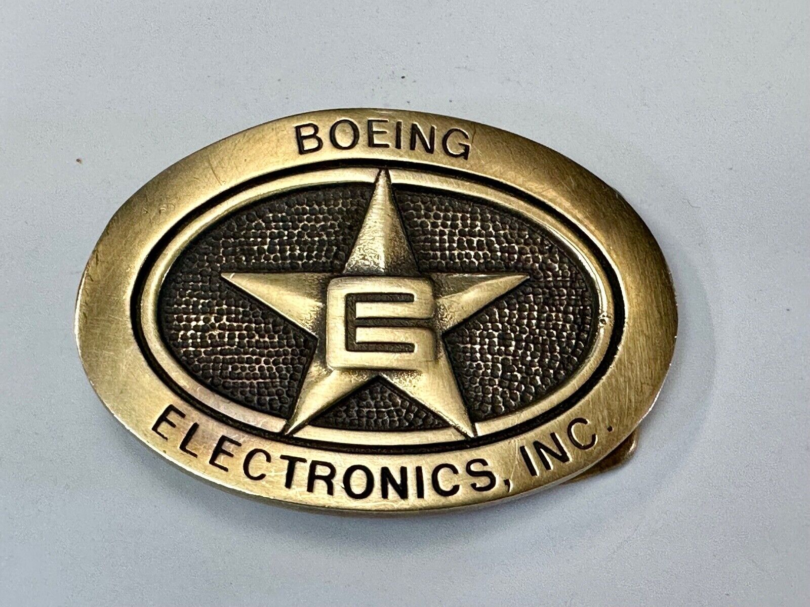 Vintage Boeing Electronics Inc Solid Brass BTS 1978 belt buckle Star Emblem